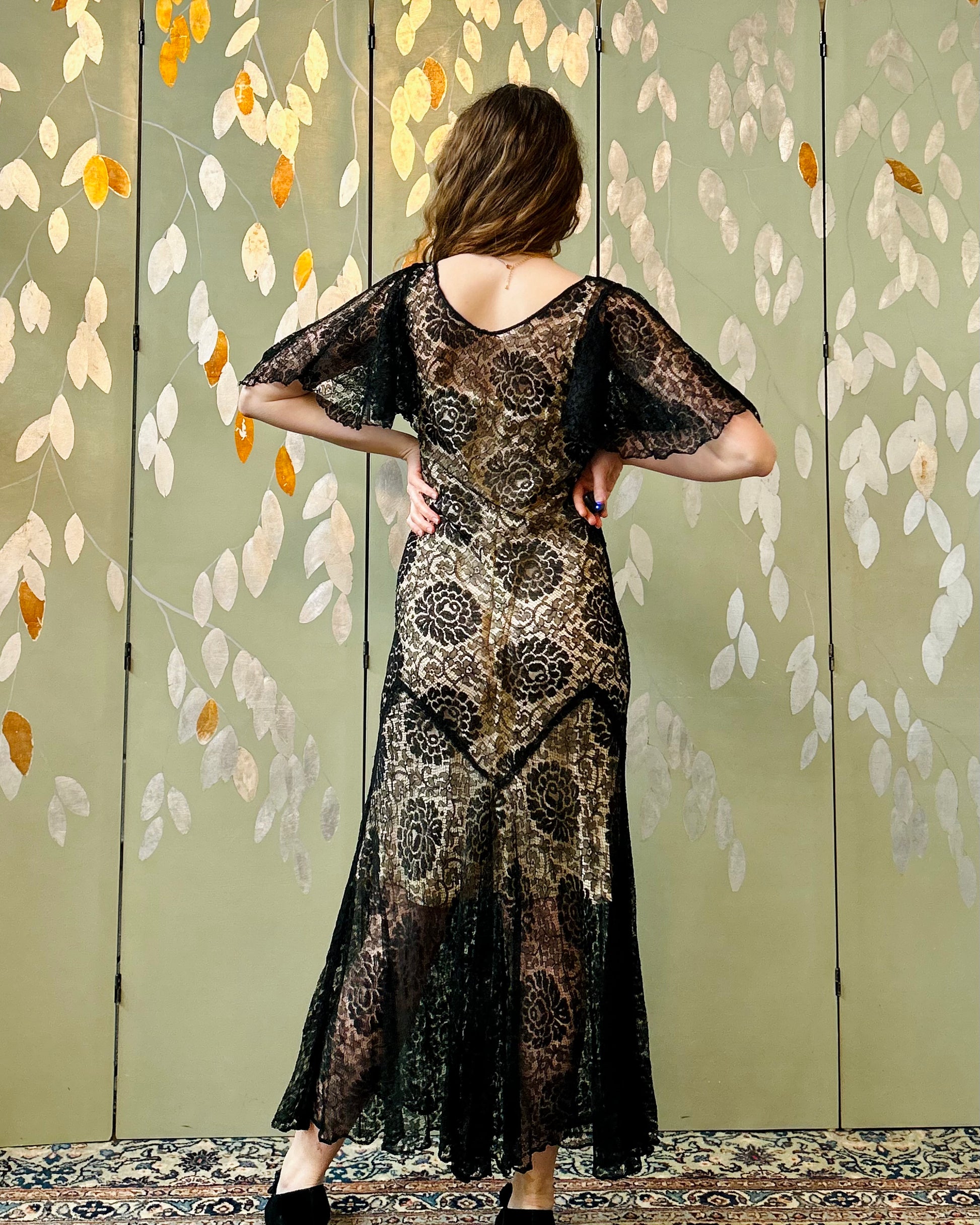 Vintage 1930s Black Lace Butterfly Sleeve Evening Dress, Small Ian Drummond Vintage Vintage 1930s Black Lace Butterfly Sleeve Evening Dress, Small Ian Drummond Vintage