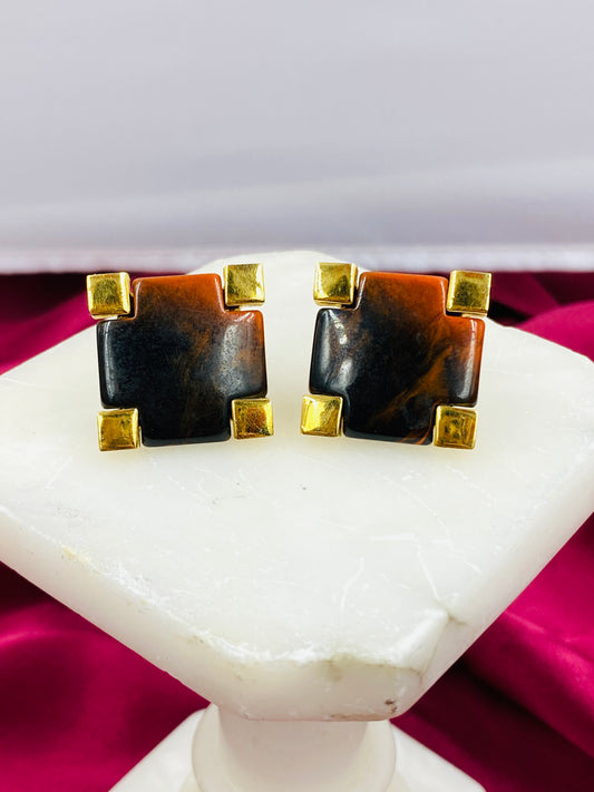 Vintage 1980s Givenchy Square Brown & Gold Clip-On Earrings 