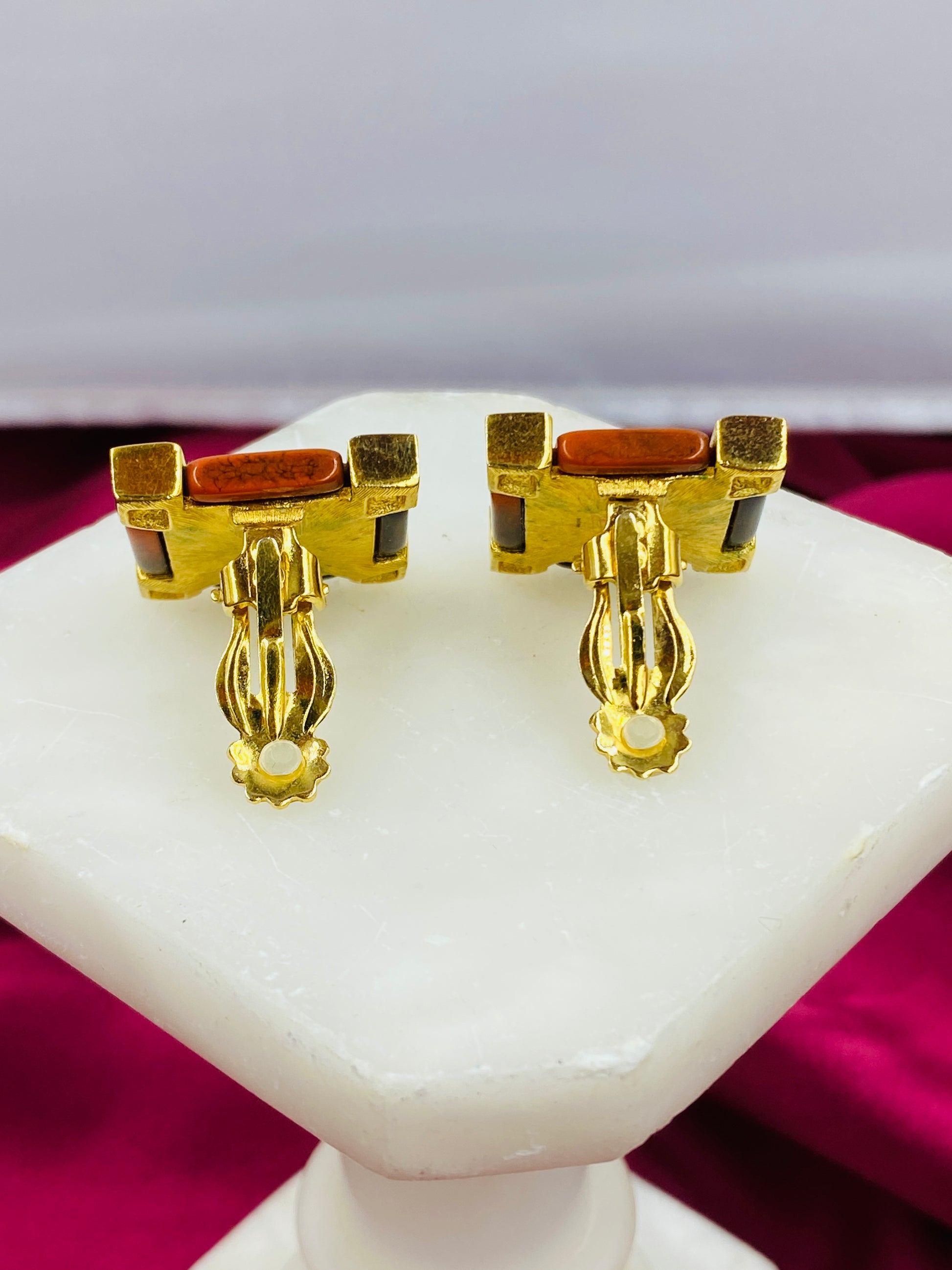 Vintage 1980s Givenchy Square Brown & Gold Clip-On Earrings 
