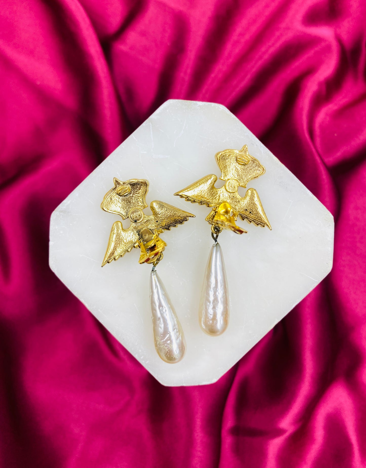 Vintage Butler & Wilson Gold Crown, Eagle Wings, Pearl Drop Clip-On Earrings