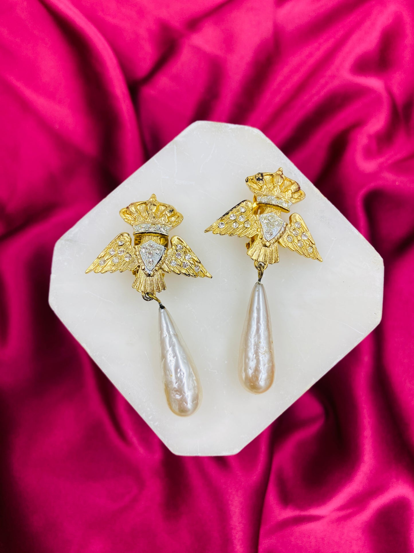 Vintage Butler & Wilson Gold Crown, Eagle Wings, Pearl Drop Clip-On Earrings