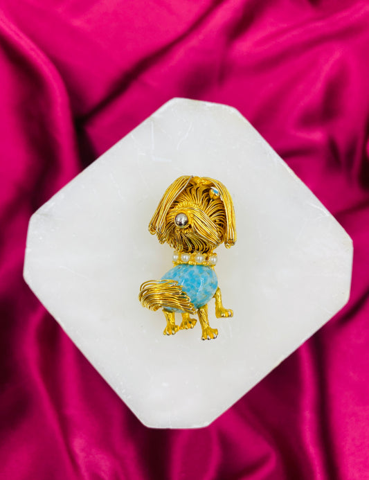 Vintage Gold Wire Turquoise Dog Brooch 