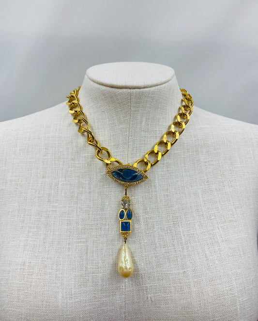 Vintage Butler & Wilson Goldtone Chunky Chain Necklace with Pearldrop & Blue Crystals 