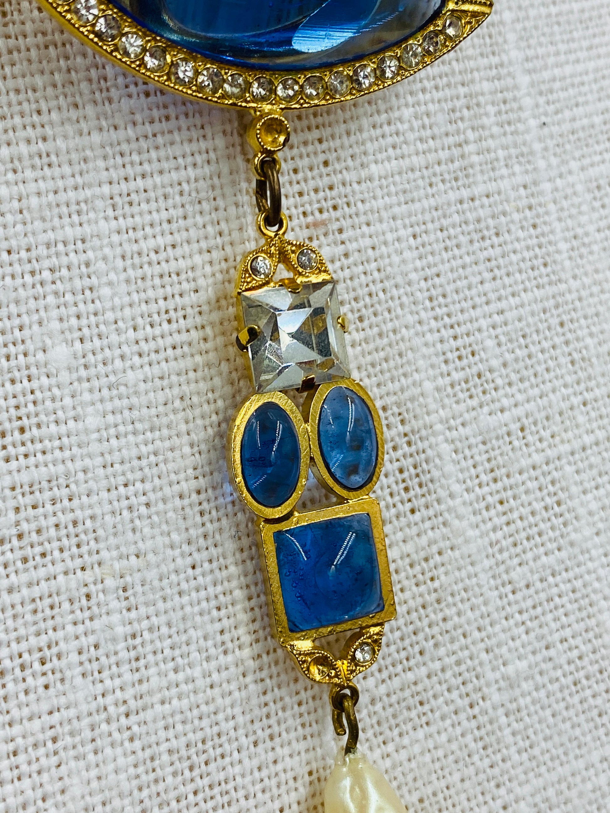 Vintage Butler & Wilson Goldtone Chunky Chain Necklace with Pearldrop & Blue Crystals 