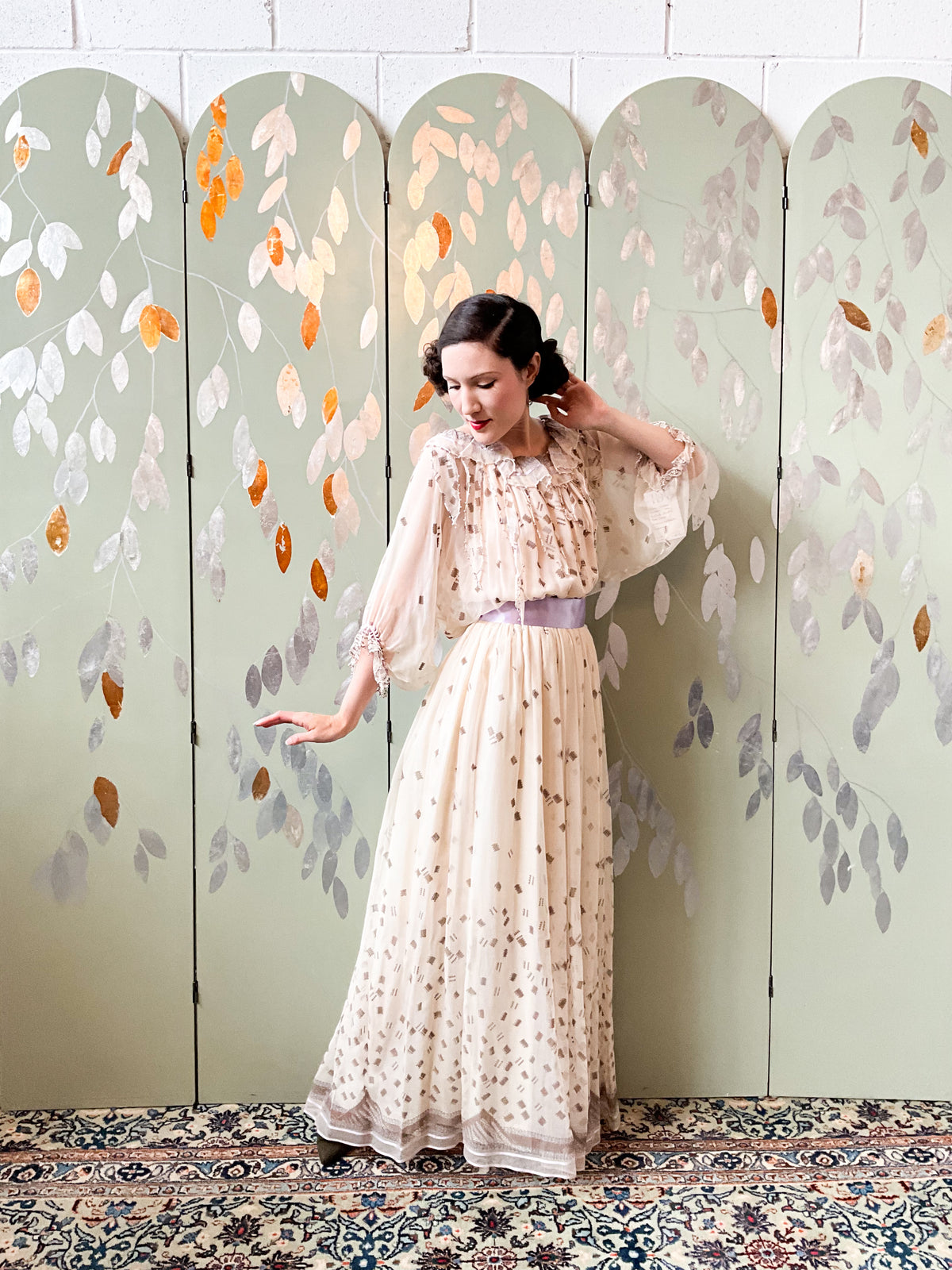Vintage 1980s Zandra Rhodes Cream Chiffon Printed Maxi Dress, Medium