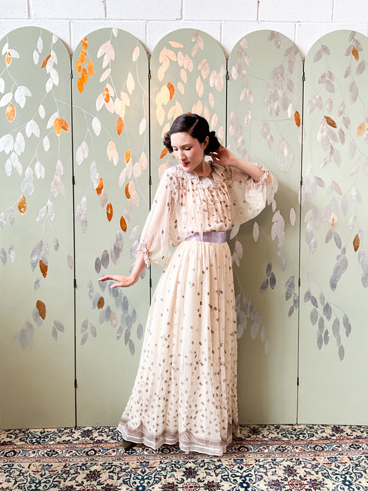 Vintage 1980s Zandra Rhodes Cream Chiffon Printed Maxi Dress, Medium