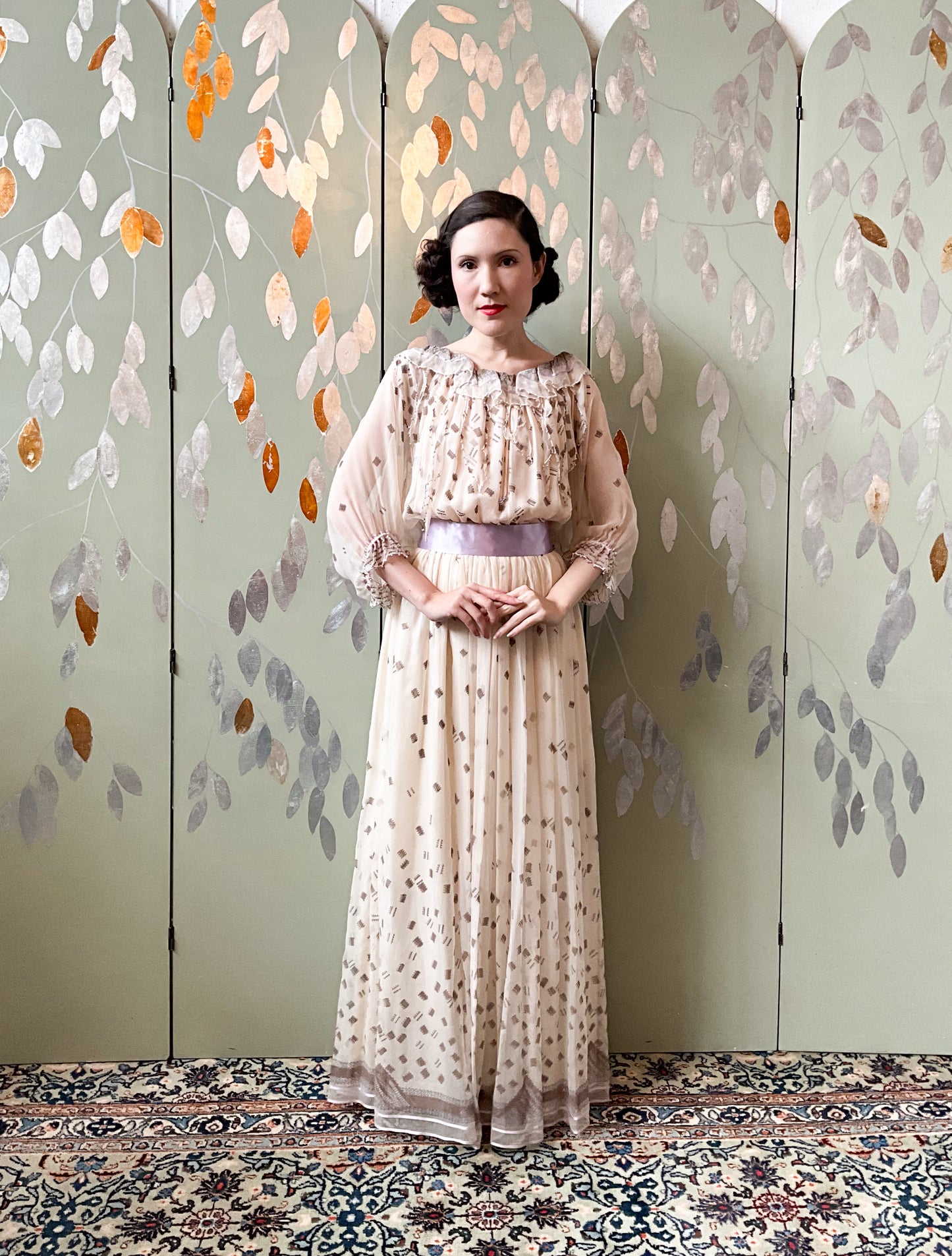 Vintage 1980s Zandra Rhodes Cream Chiffon Printed Maxi Dress, Medium