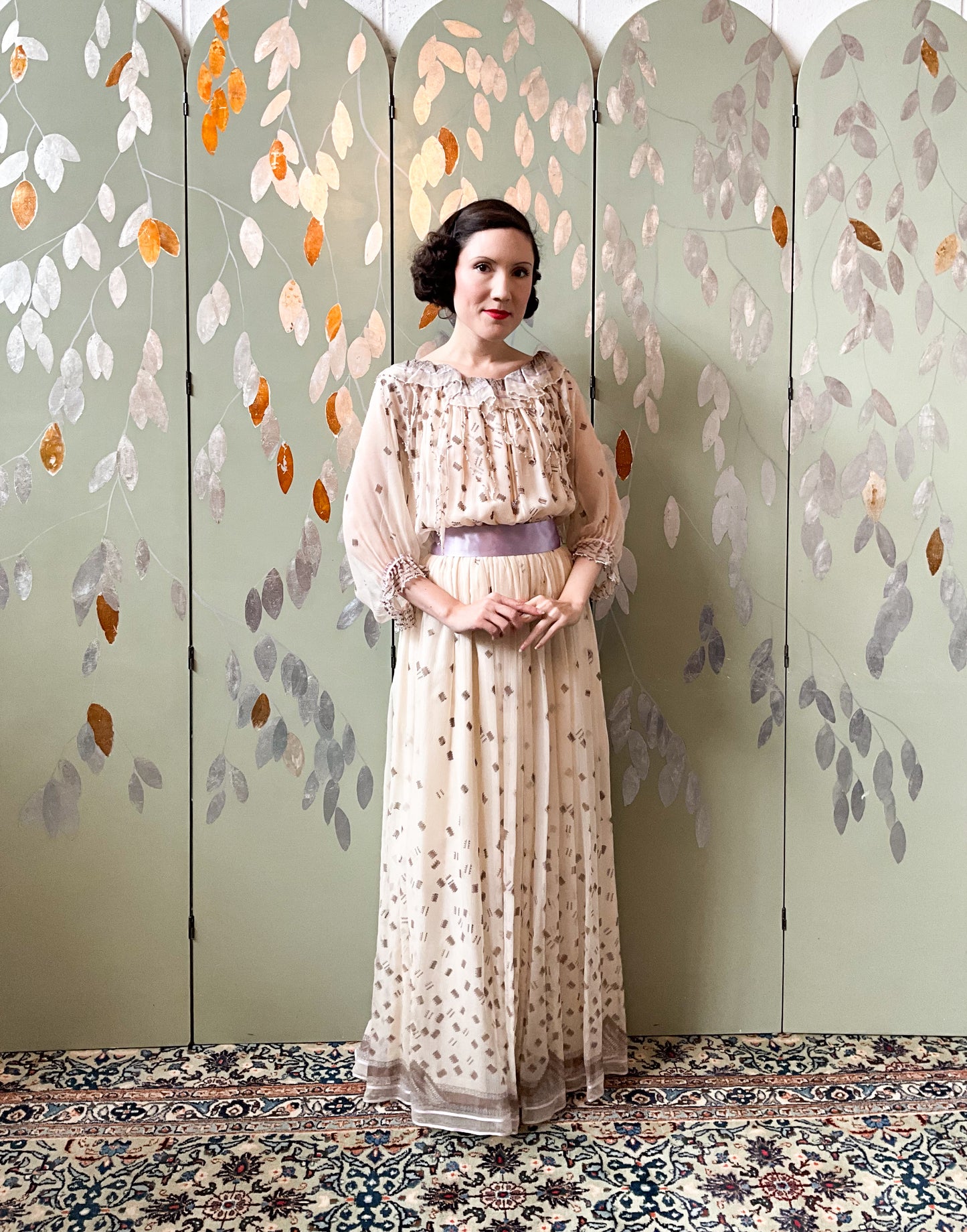 Vintage 1980s Zandra Rhodes Cream Chiffon Printed Maxi Dress, Medium