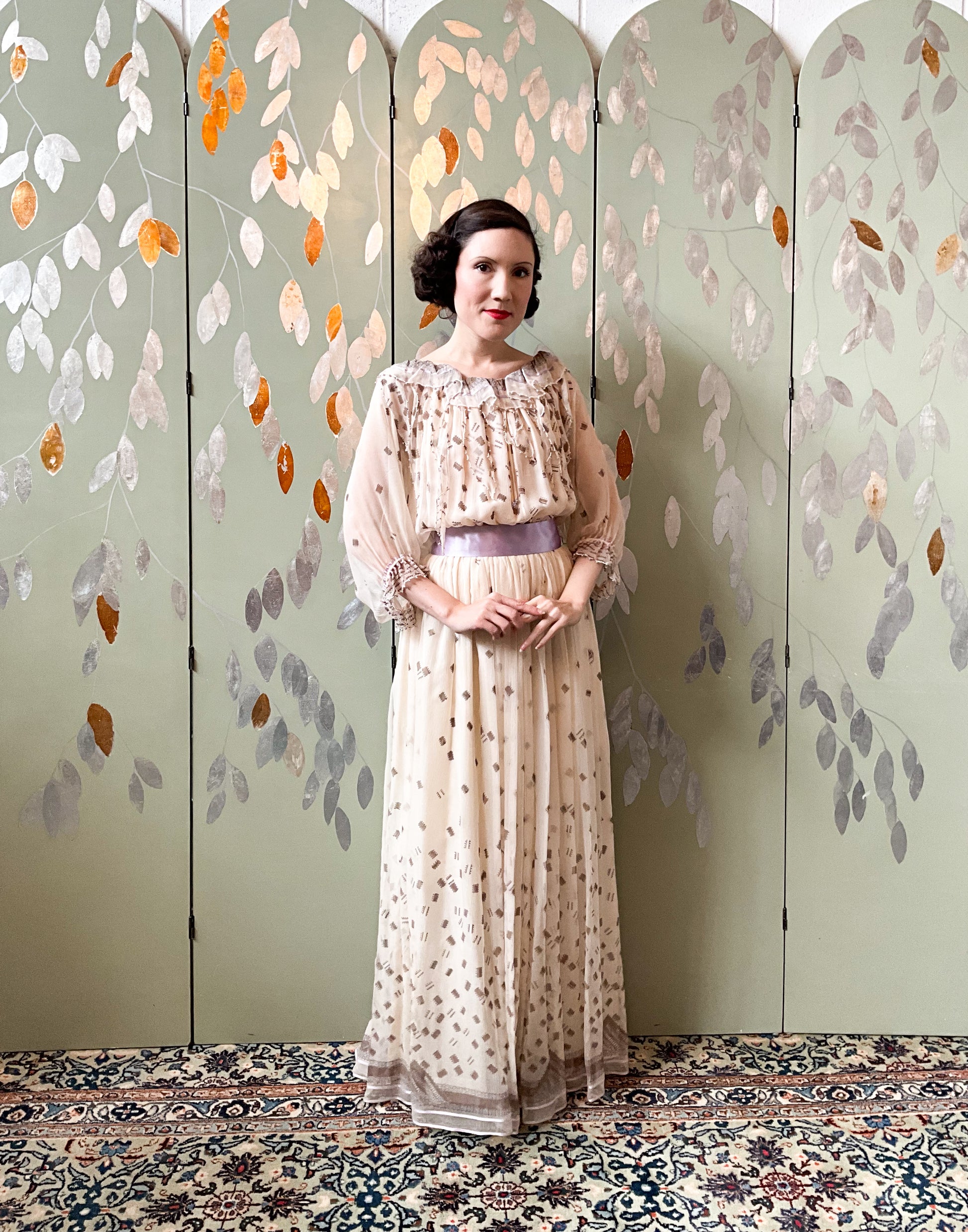 Vintage 1980s Zandra Rhodes Cream Chiffon Printed Maxi Dress, Medium
