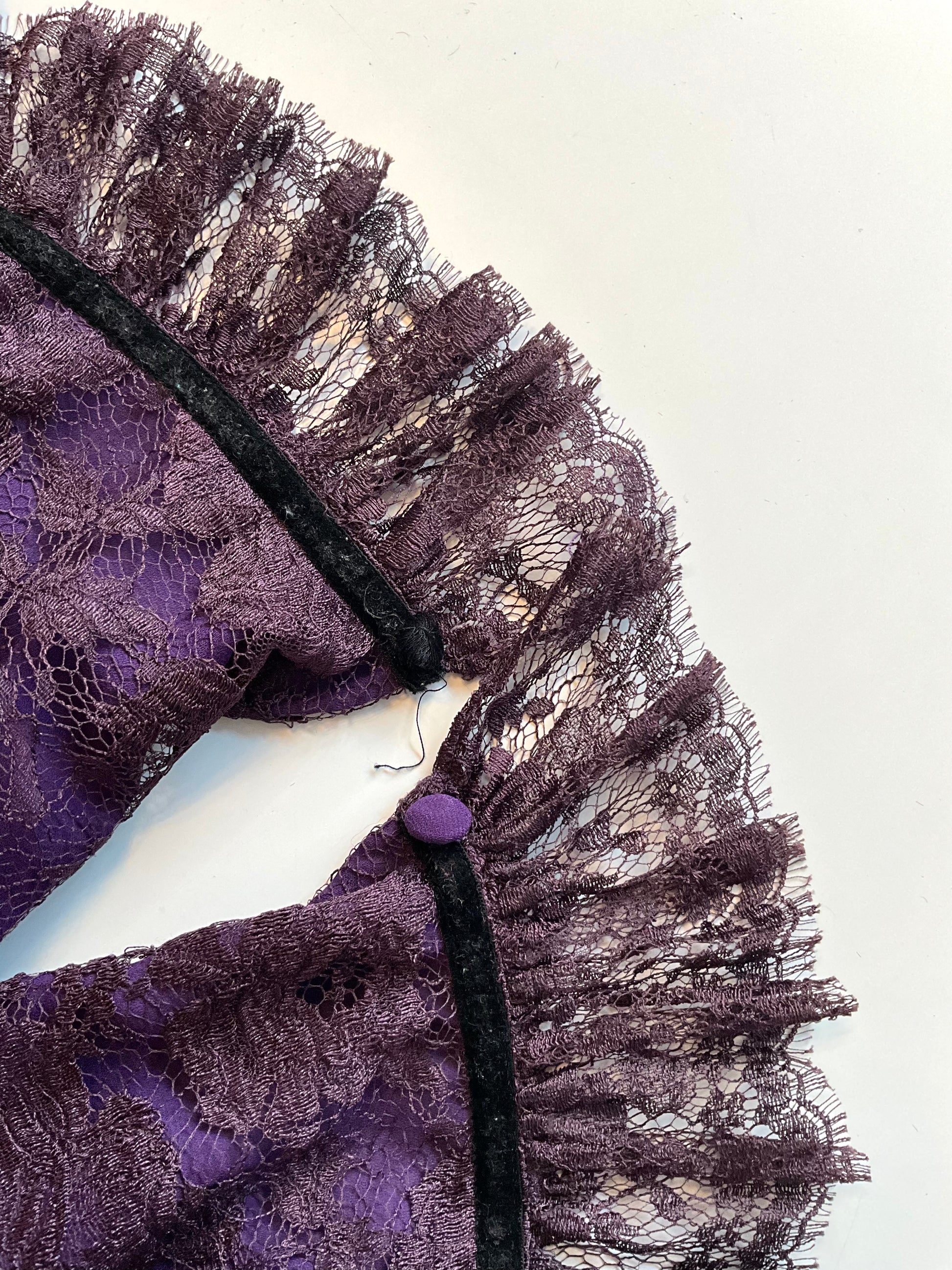 Vintage 1980s Jean Louis Scherrer Purple Lace Ruffle Neck Blouse, S/M