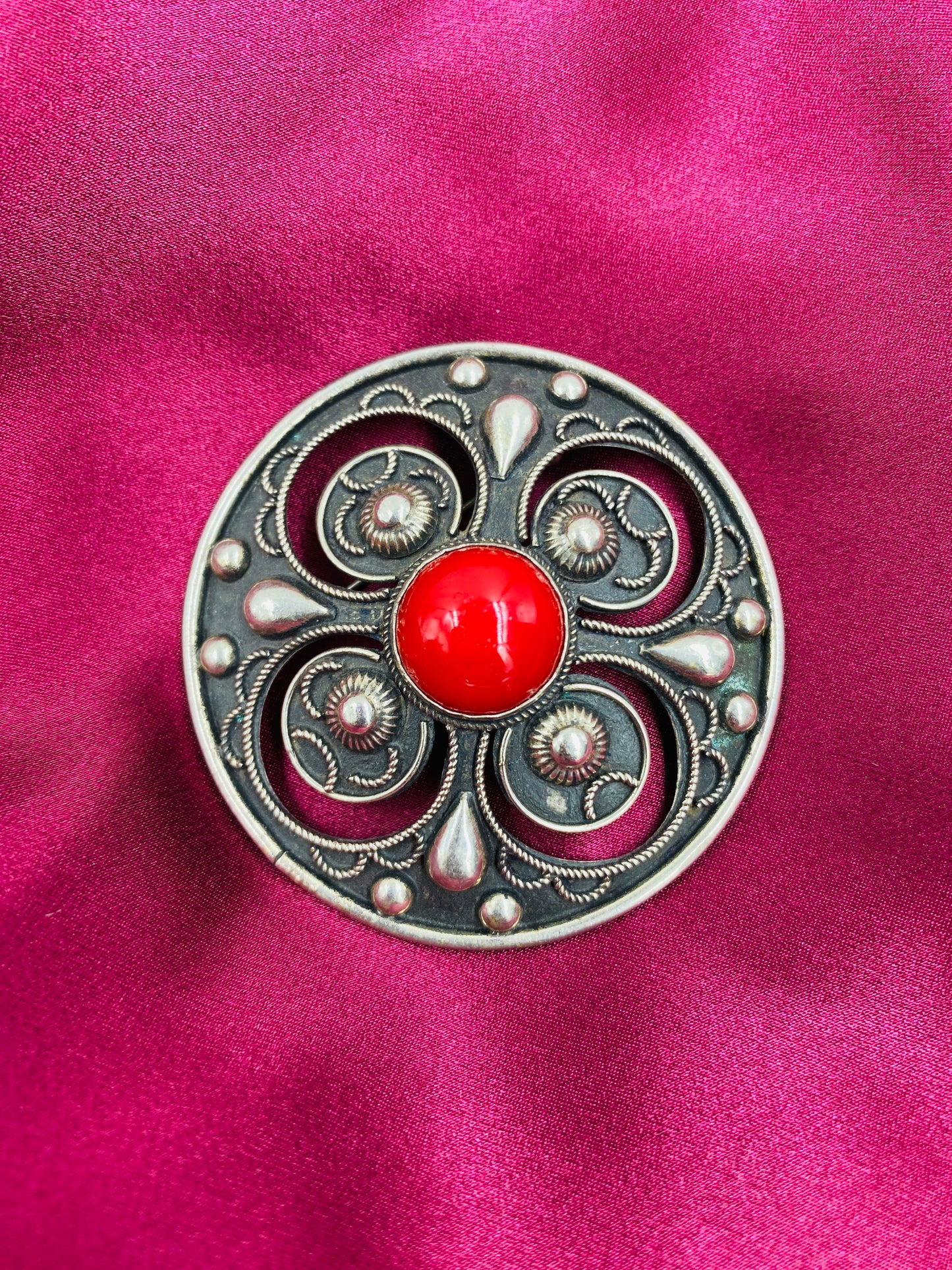 Vintage Sterling Silver Round Brooch with Red Glass Cabochon