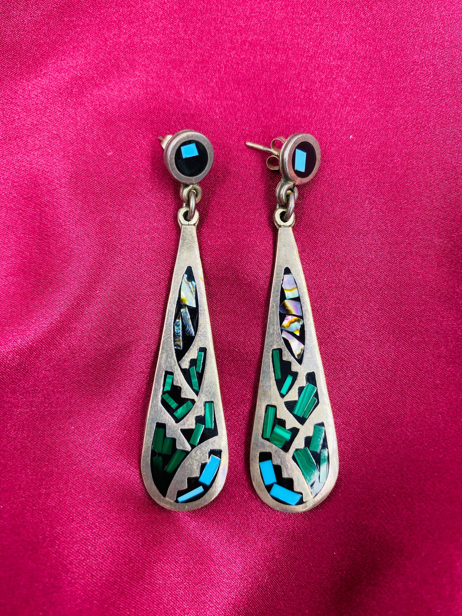 Vintage TAXCO Mexican 925 Silver Shell Inlay Pierced Drop Earrings