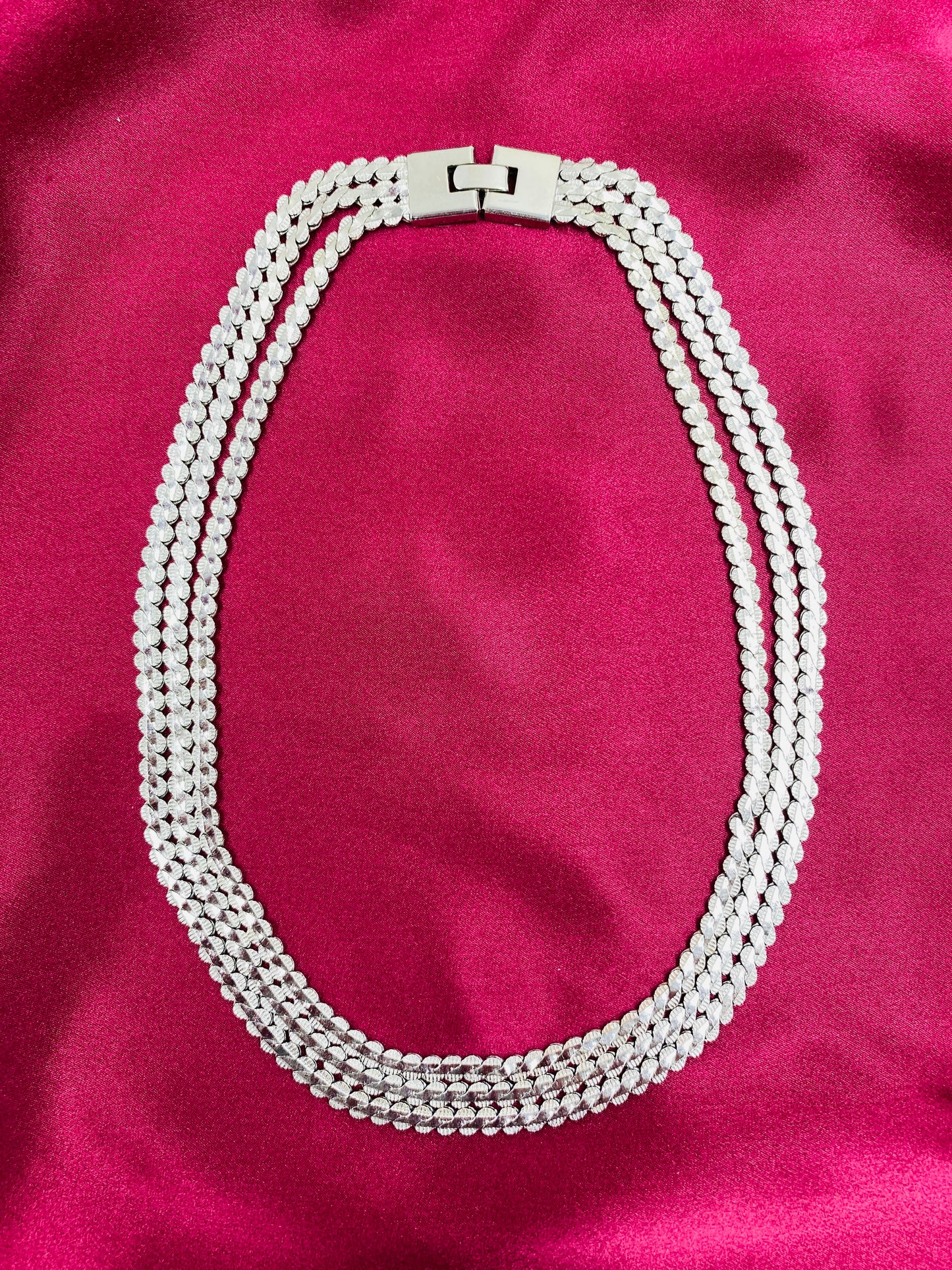 Vintage 3 Strand Flat Silver Chain Necklace