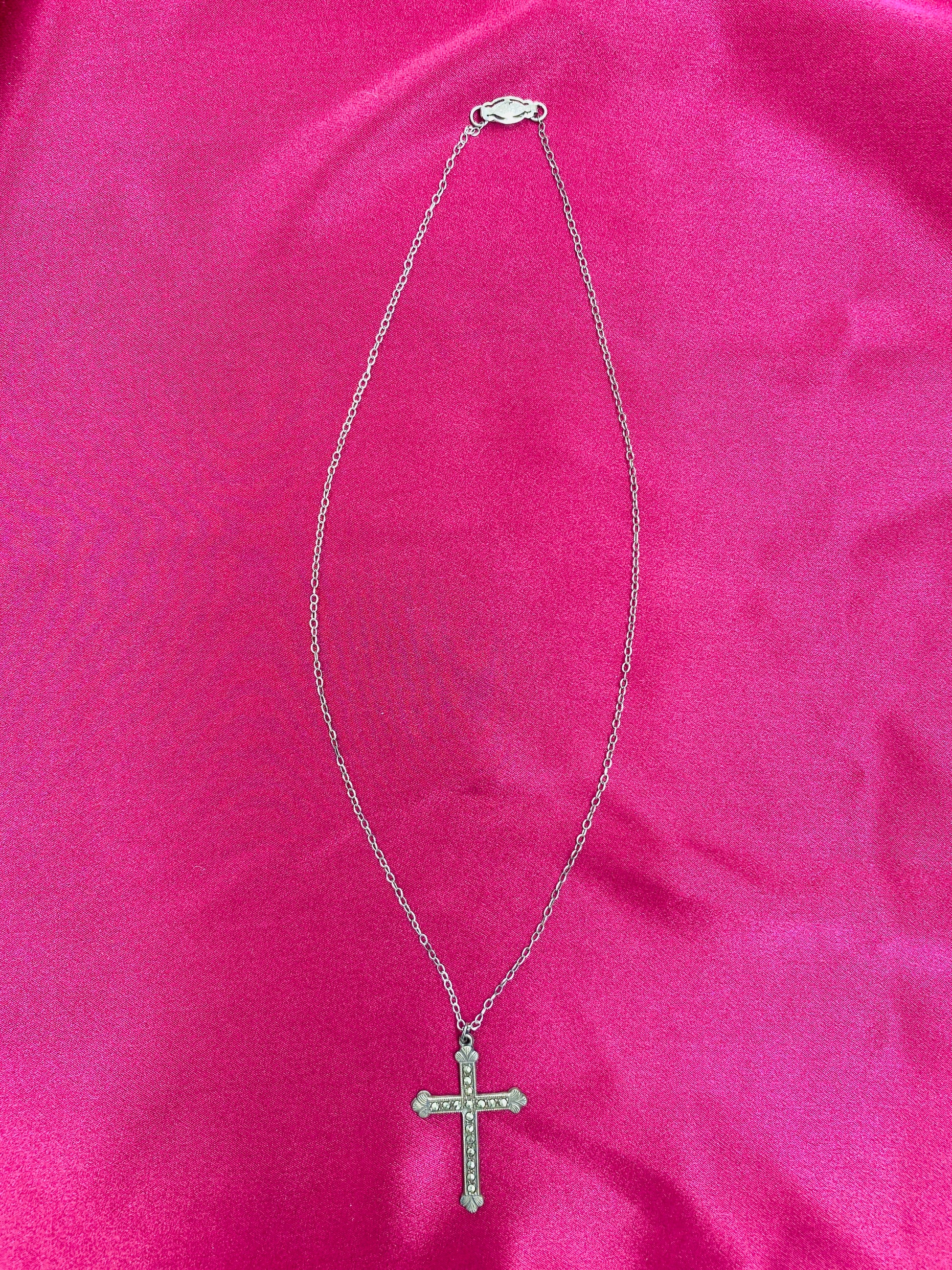 Vintage Art Deco Silver Marcasite Cross Chain Necklace