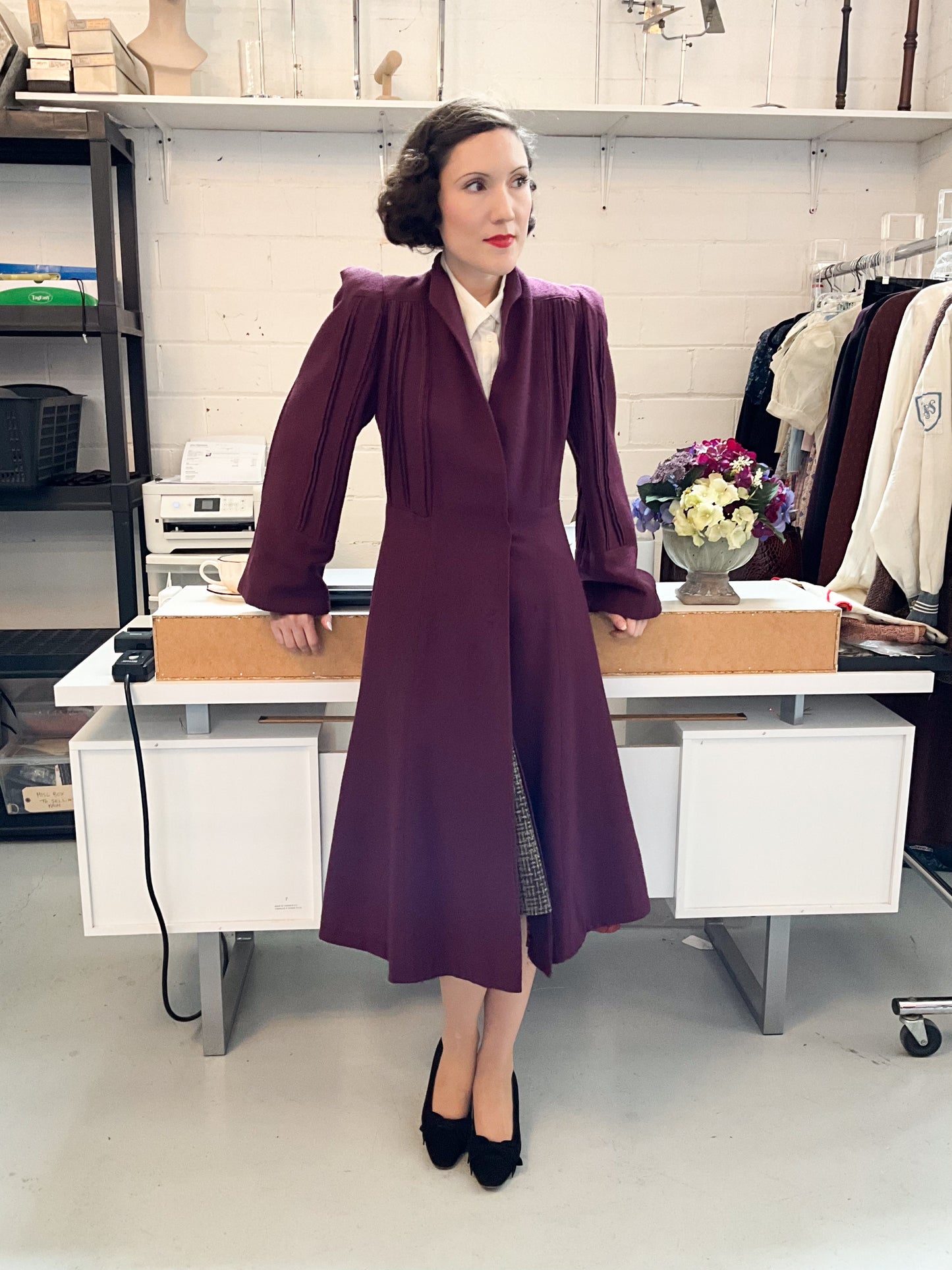 1940s Plum Flared Coat With Pleating And Bell Sleeves , Small