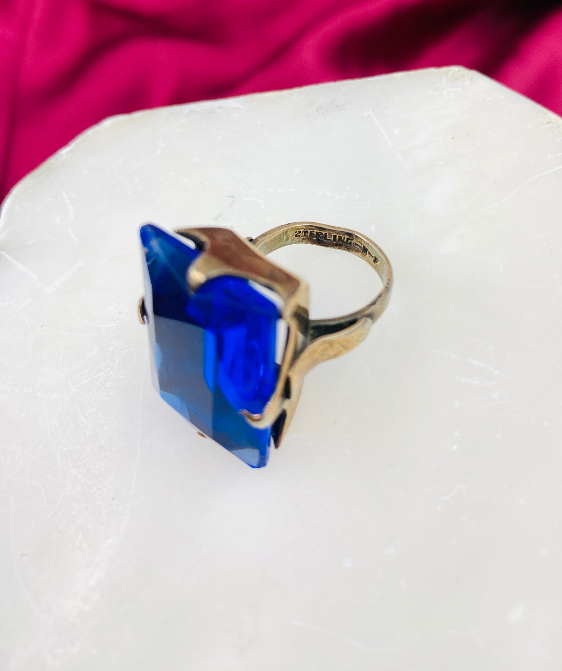 Vintage Art Deco Large Emerald Cut Blue Glass Stone Ring, Size 4.5