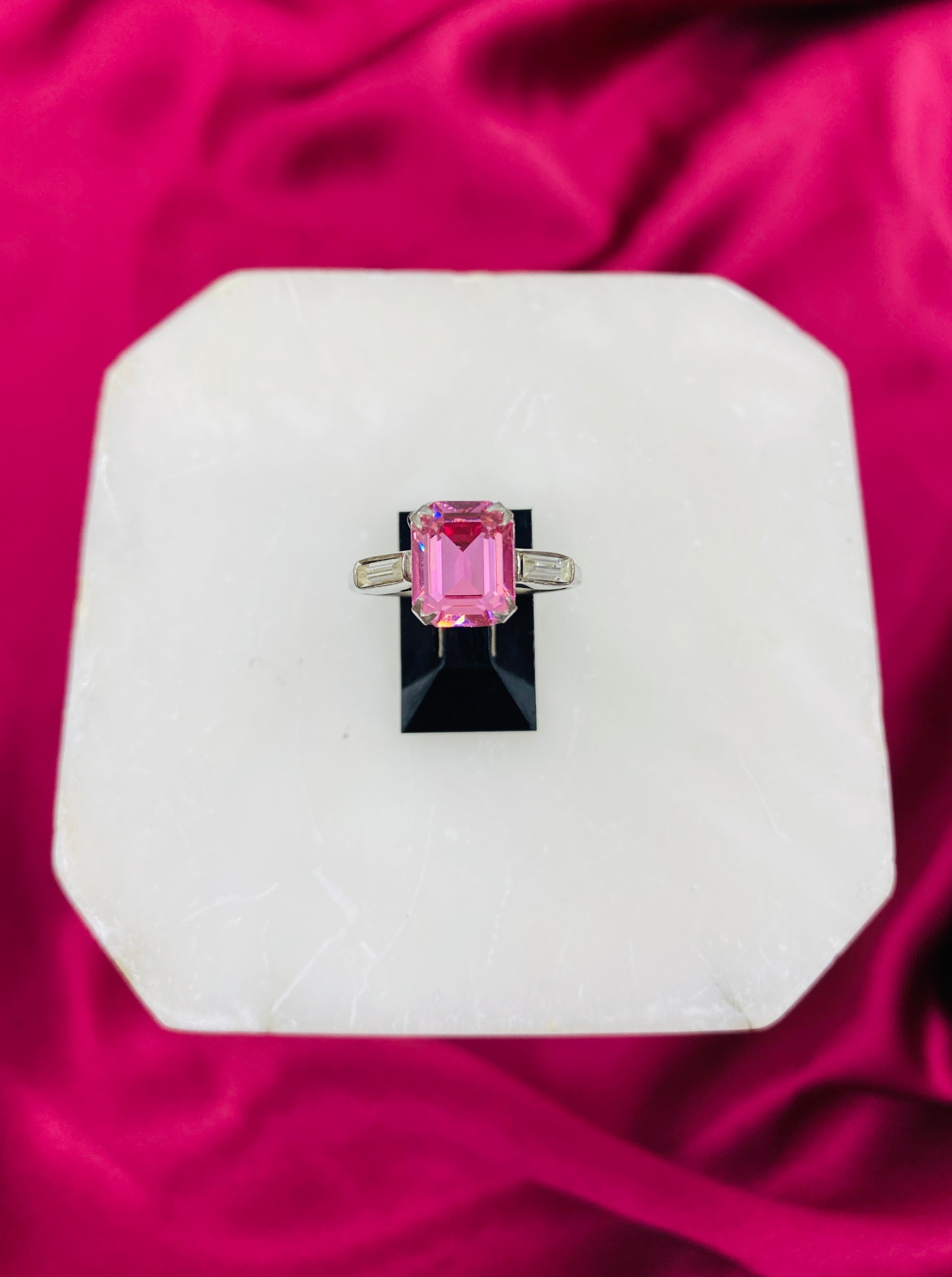 Vintage Sterling Emerald Cut Pink Stone Ring, Size 8