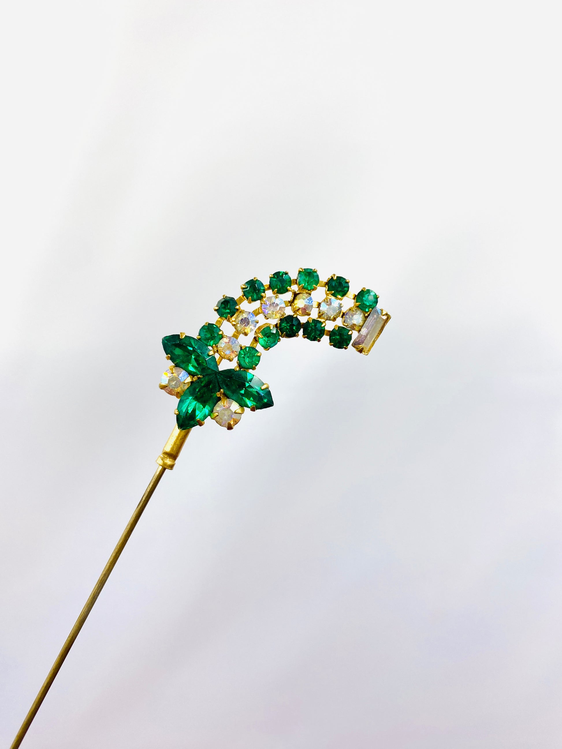 Vintage 1960s Green Rhinestone Brass Stick Hat Pin