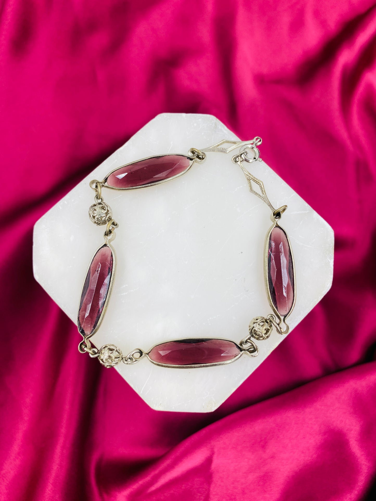 Vintage 1940s Silver & Purple Crystal Link Bracelet