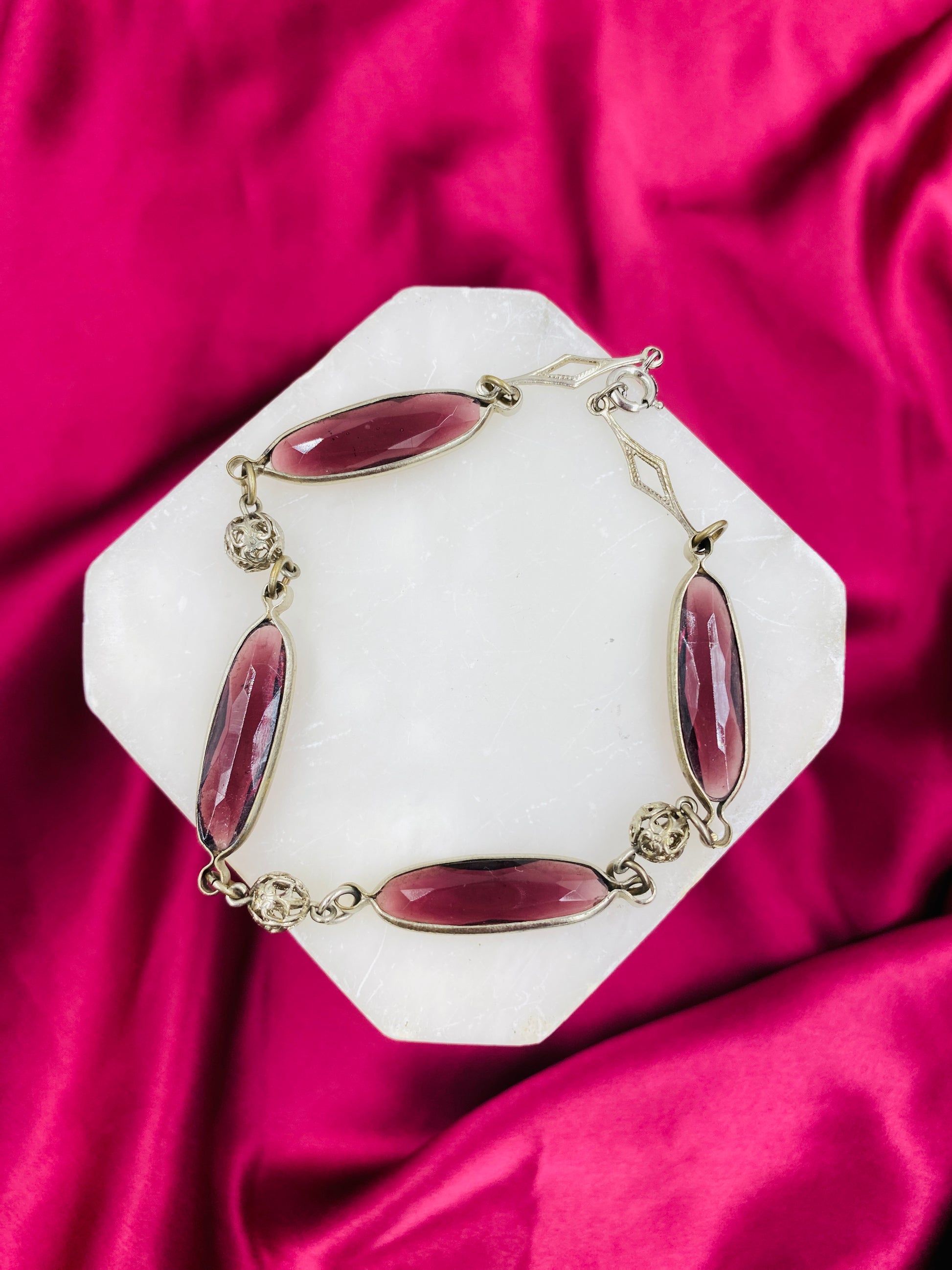 Vintage 1940s Silver & Purple Crystal Link Bracelet