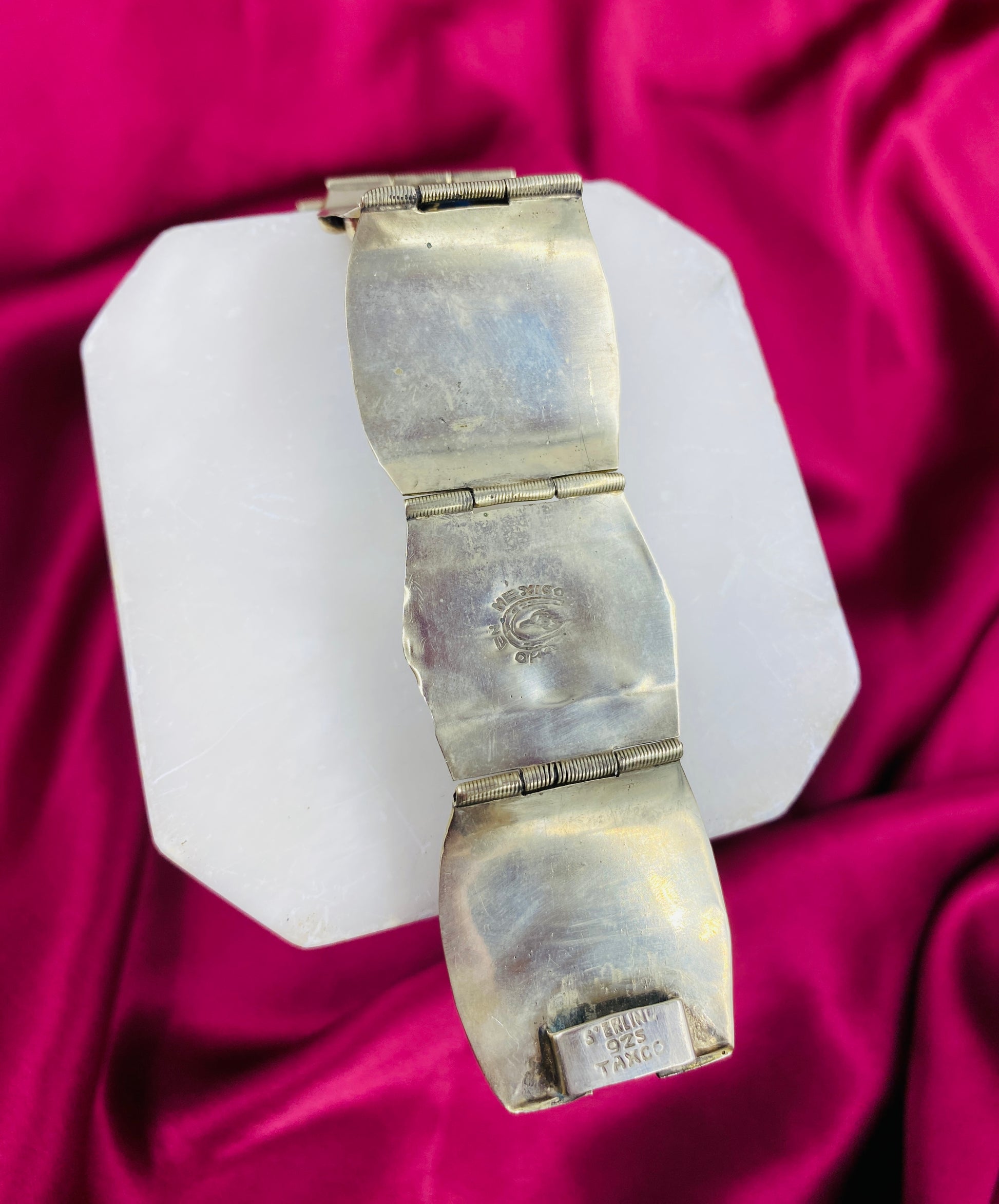 Vintage Taxco Sterling Silver Blue Glass Panel Bracelet