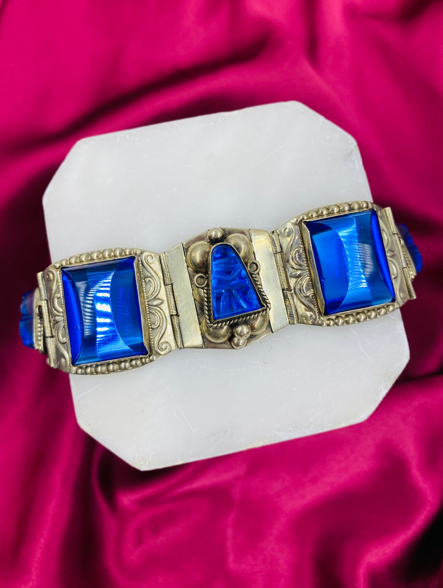 Vintage Taxco Sterling Silver Blue Glass Panel Bracelet