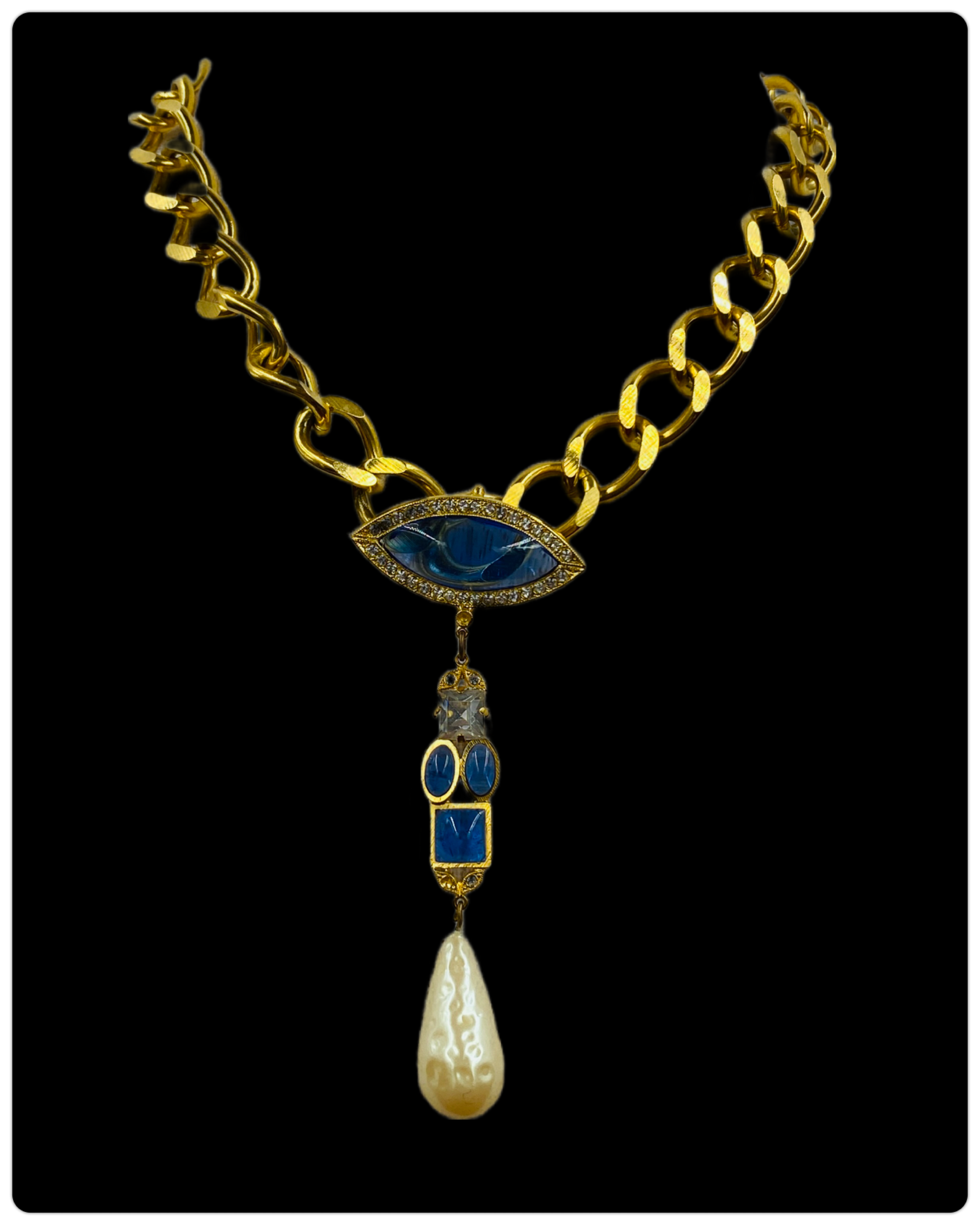 Vintage Butler & Wilson Goldtone Chunky Chain Necklace with Pearldrop & Blue Crystals