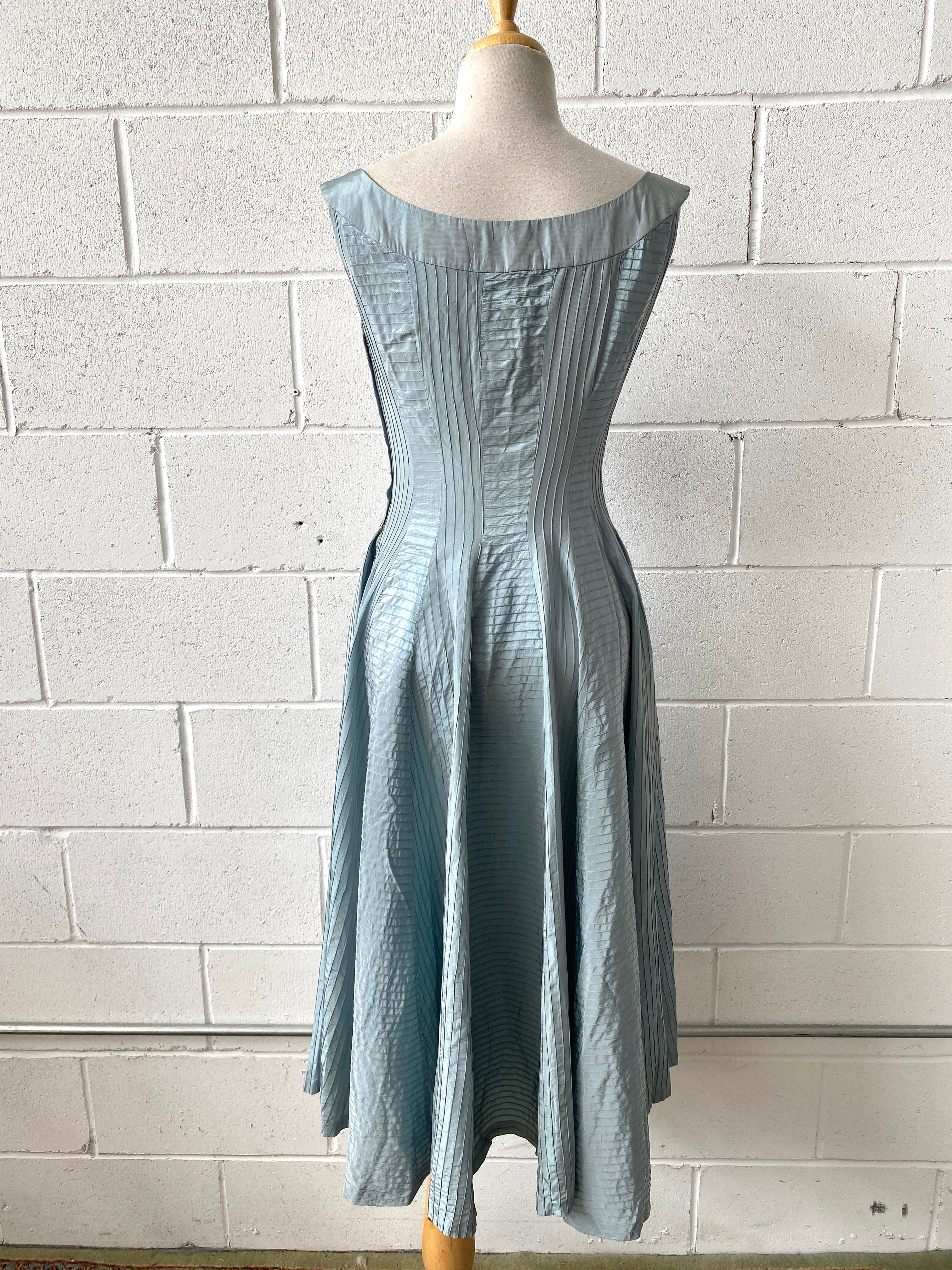 Antique Taffeta 1940'S Slip Dress in Stormy Blue with Ruffles on the Hem shops