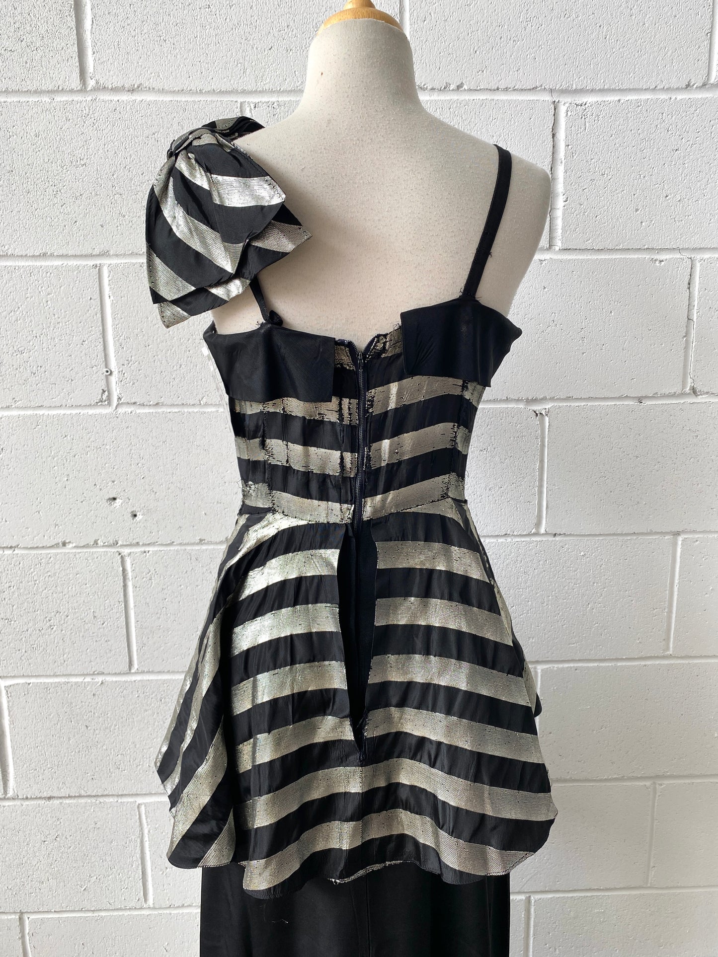 Vintage 1940s Black Taffeta Silver Stripe Peplum Dress, W25"