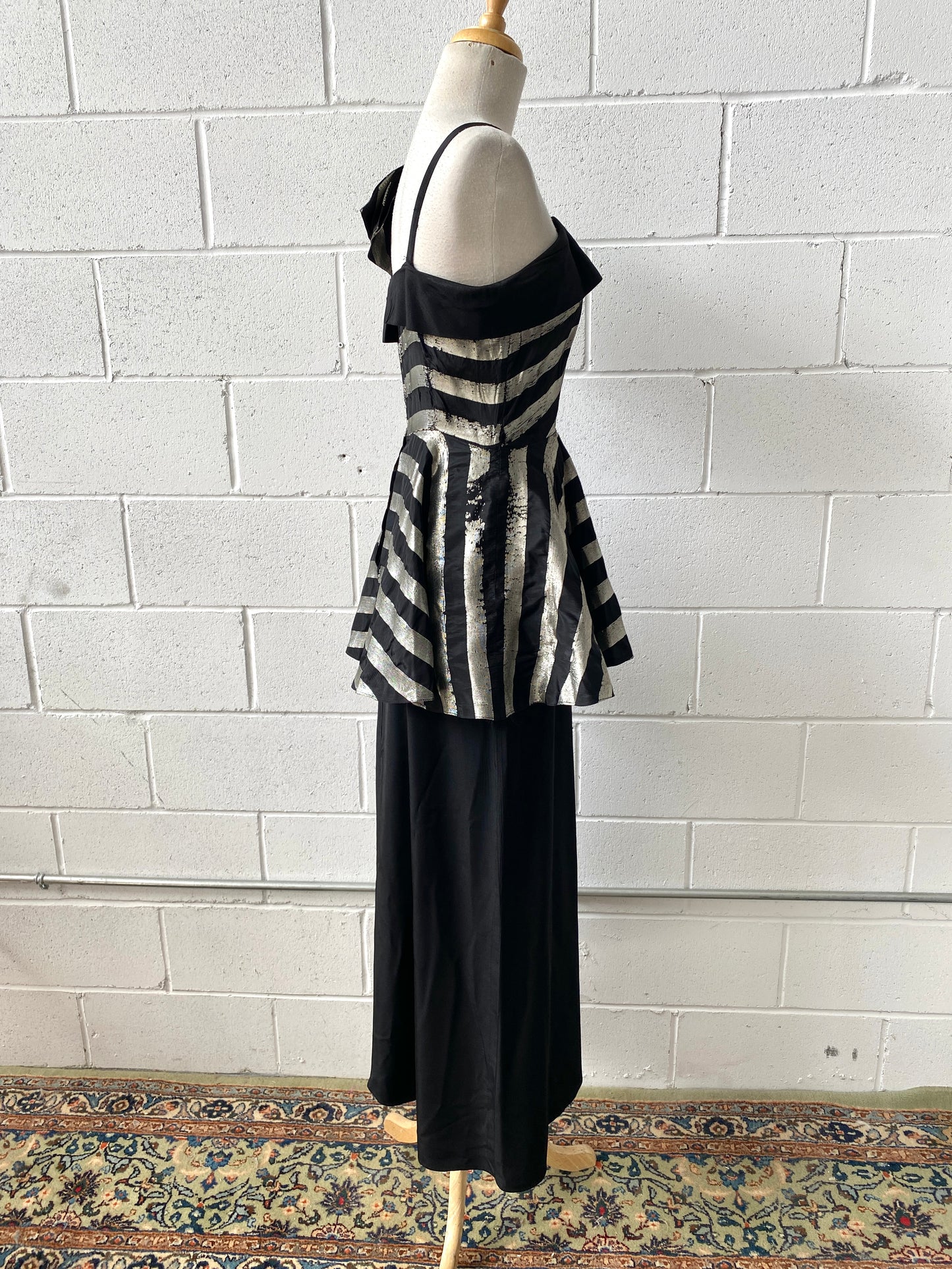 Vintage 1940s Black Taffeta Silver Stripe Peplum Dress, W25"