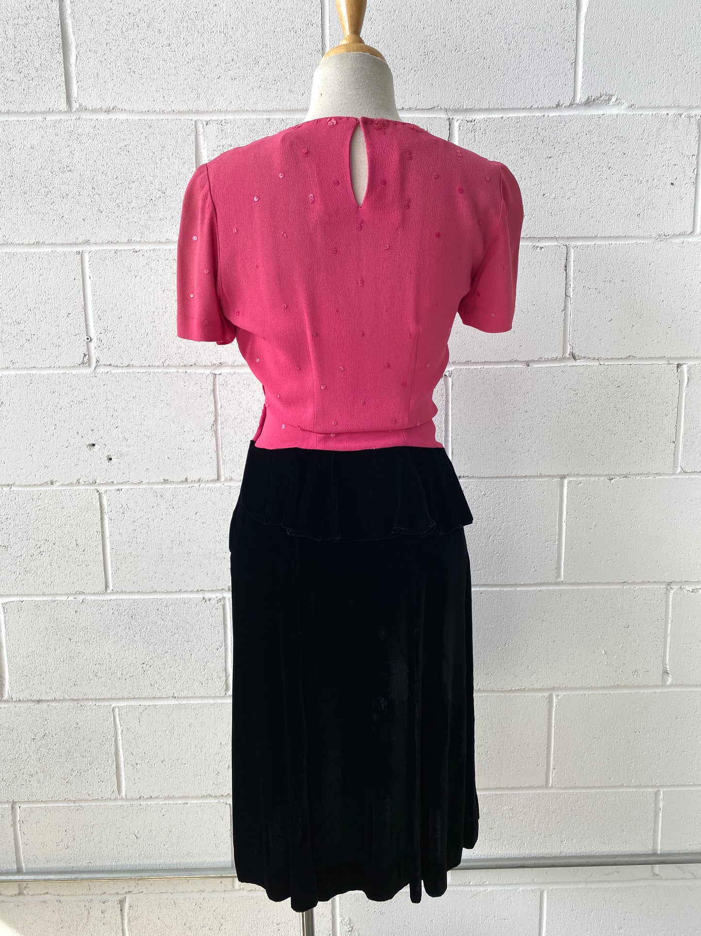 Vintage 1940s Black & Pink Sequin Peplum Cocktail Dress, W25"