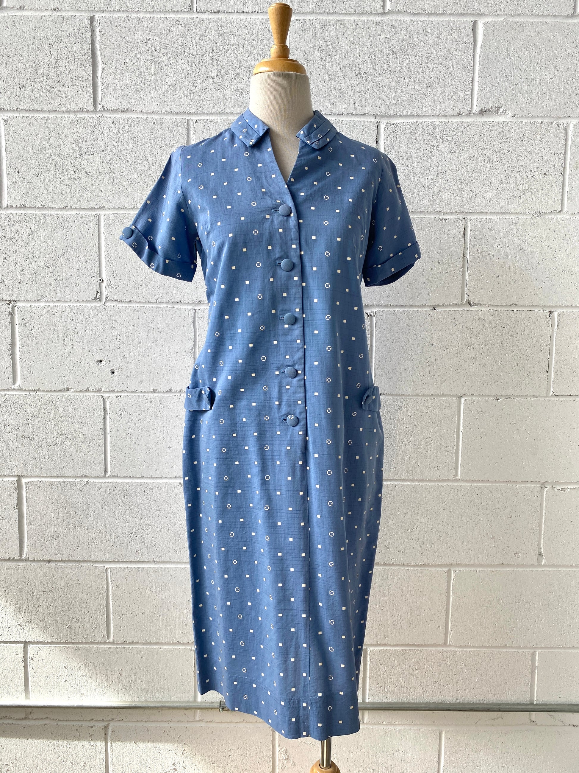 Vintage 1940s/50s Blue Geometric Print House Dress, Medium Vintage 1940s/50s Blue Geometric Print House Dress, Medium