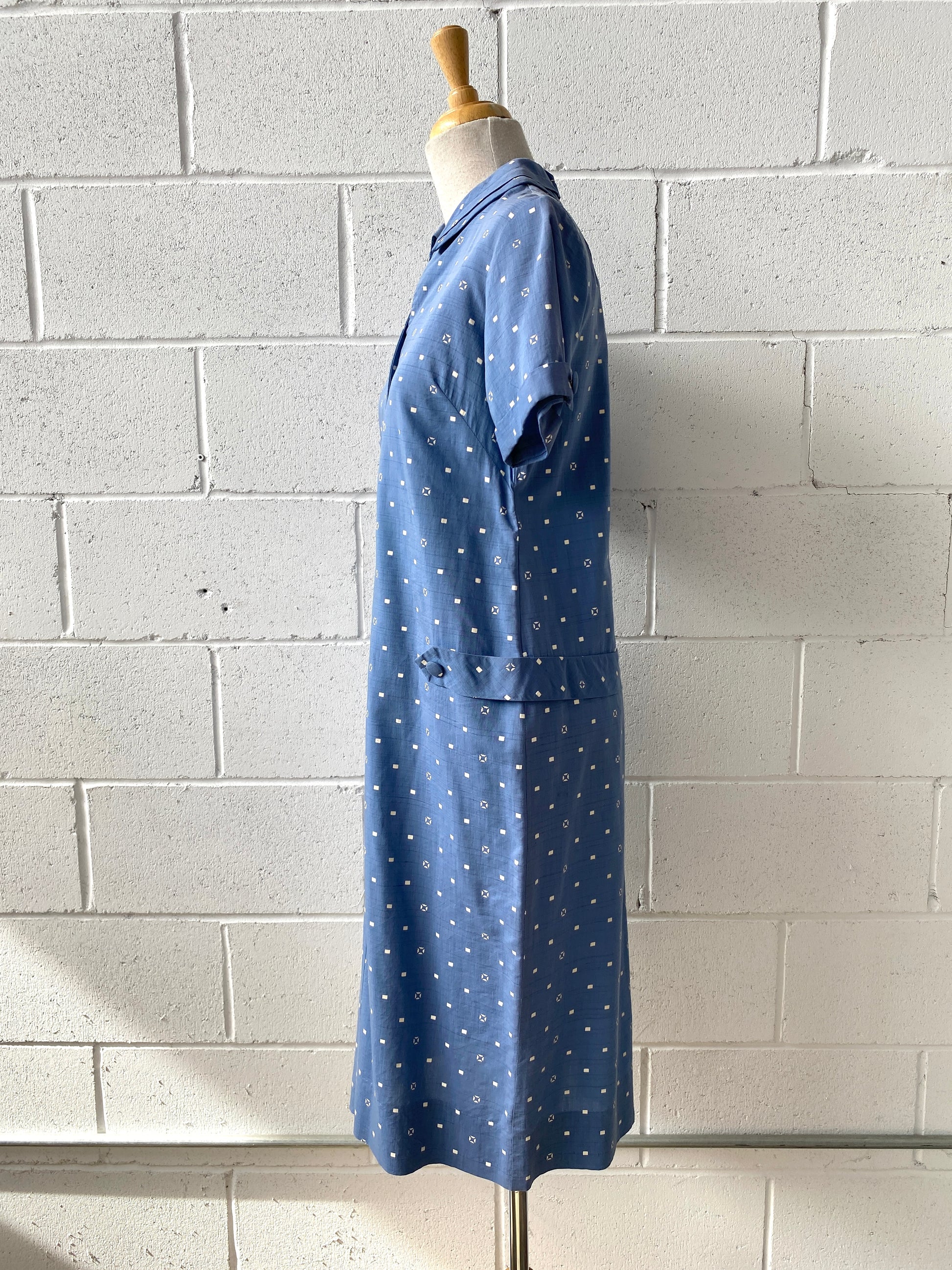  Vintage 1940s/50s Blue Geometric Print House Dress, Medium 