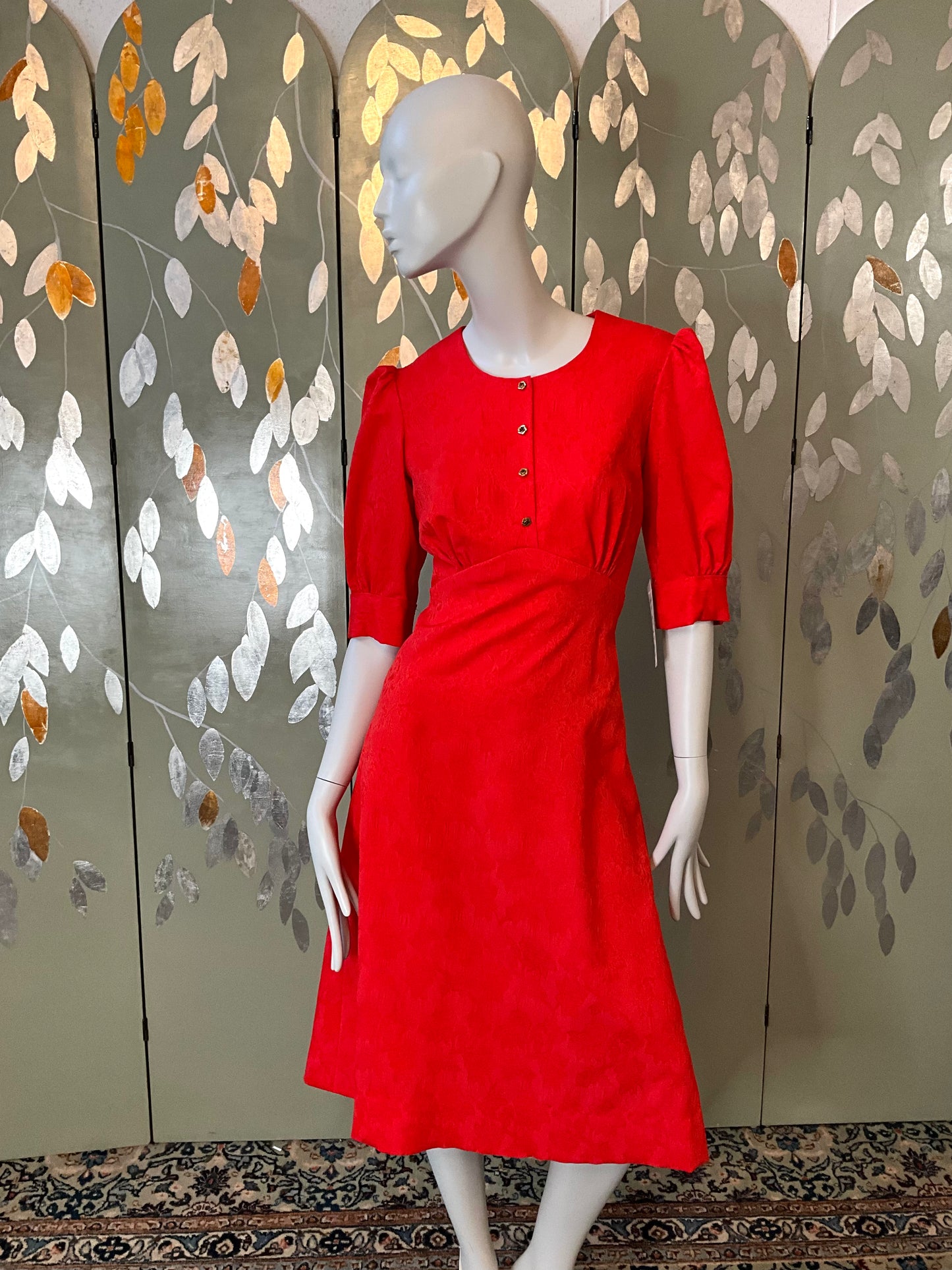 Reproduction 1930s Puff Sleeve Red Day Dress with Gold Rose Buttons, Medium