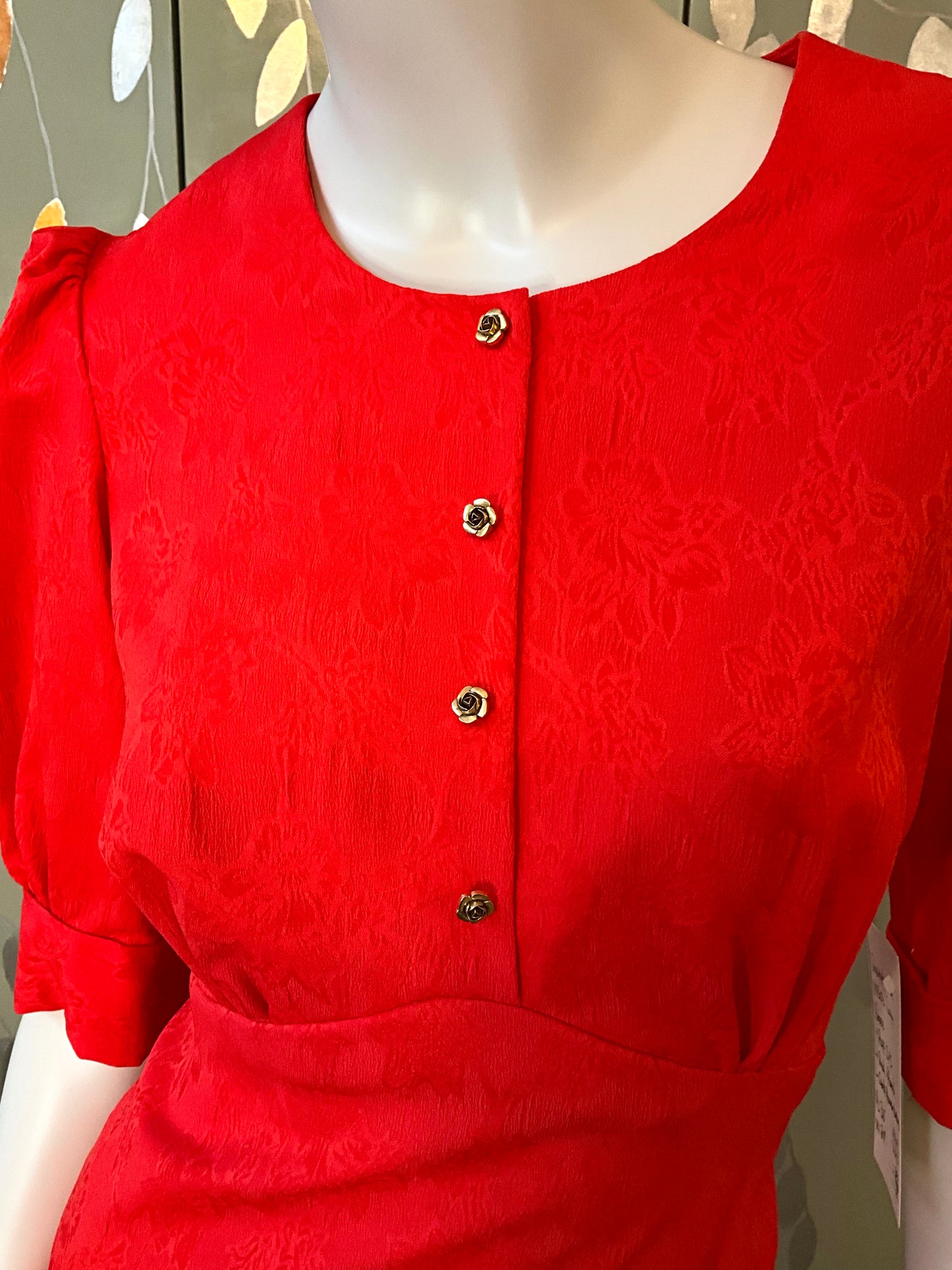 Reproduction 1930s Puff Sleeve Red Day Dress with Gold Rose Buttons, Medium