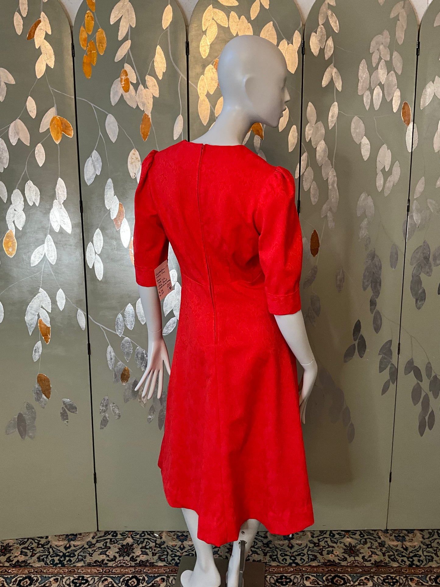 Reproduction 1930s Puff Sleeve Red Day Dress with Gold Rose Buttons, Medium