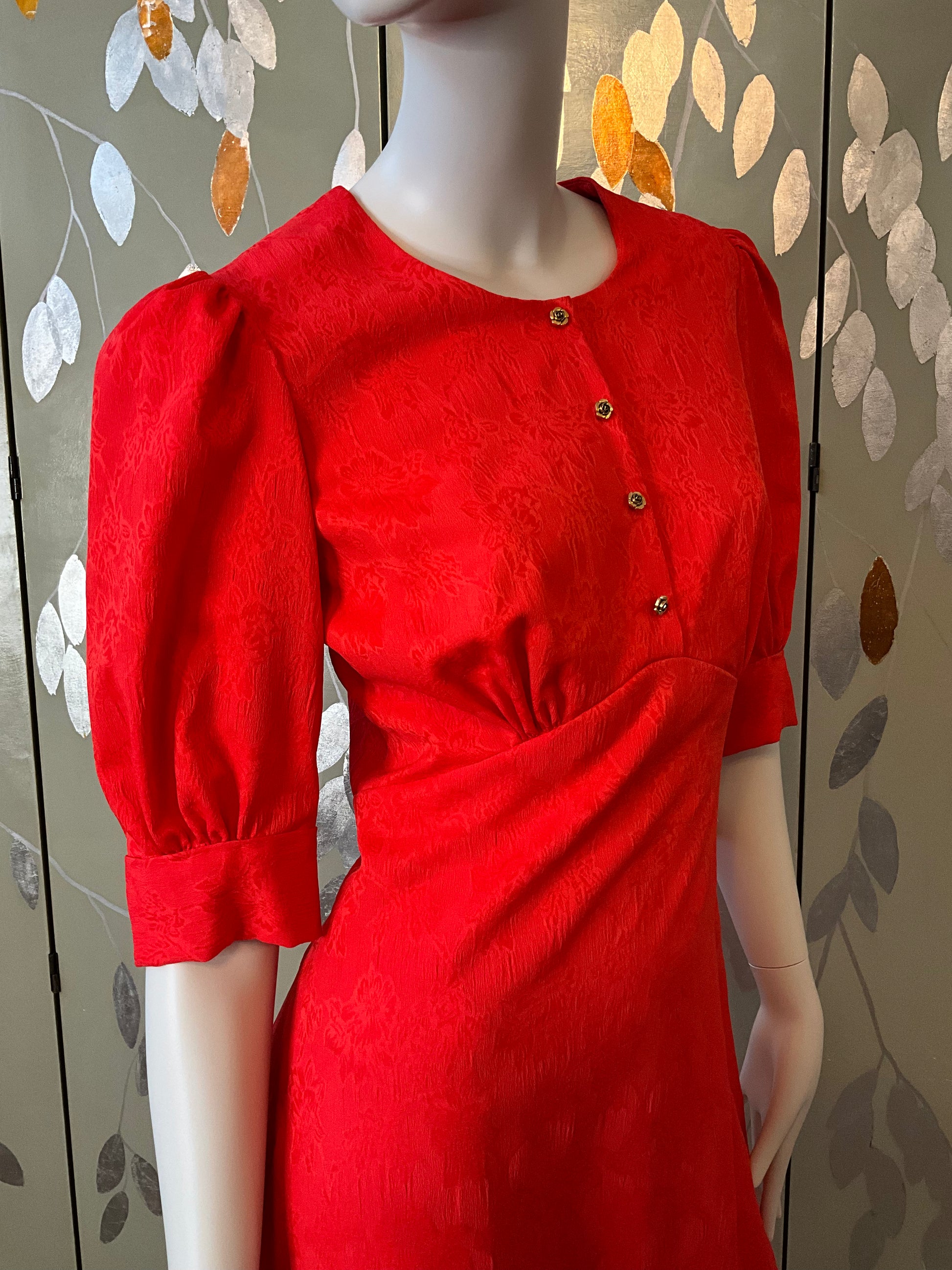 Reproduction 1930s Puff Sleeve Red Day Dress with Gold Rose Buttons, Medium