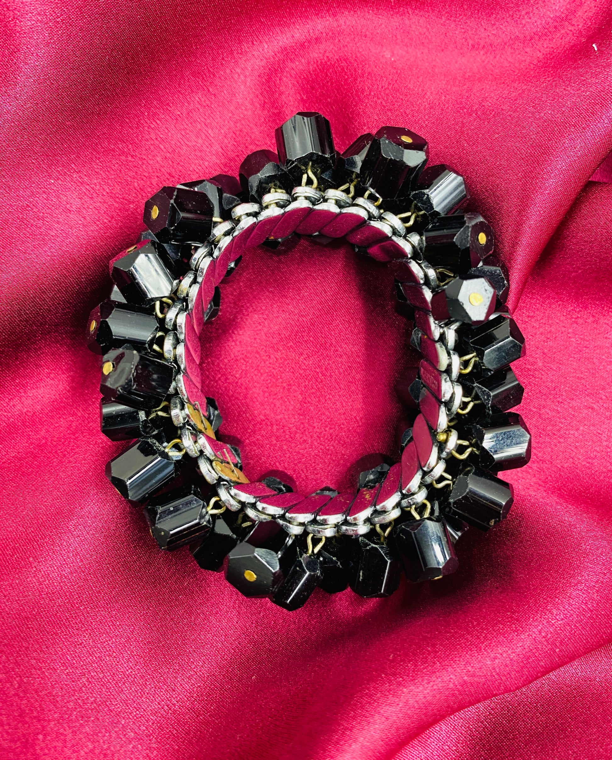 Vintage 1950s Black Glass Bead Cha Cha Expansion Bracelet