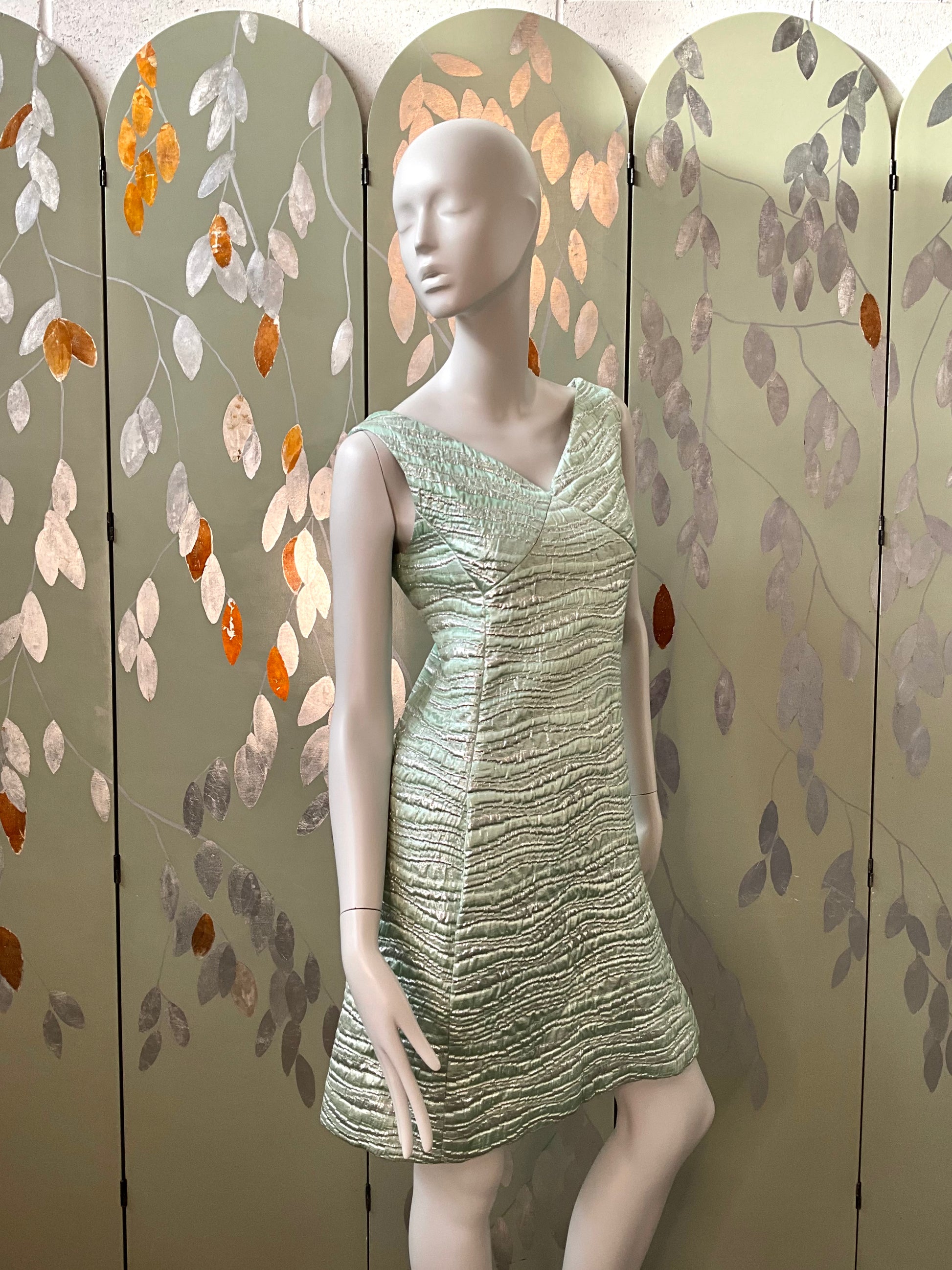 Vintage 1960s Seafoam Green and Silver Lurex Sleeveless Party Dress, Small 