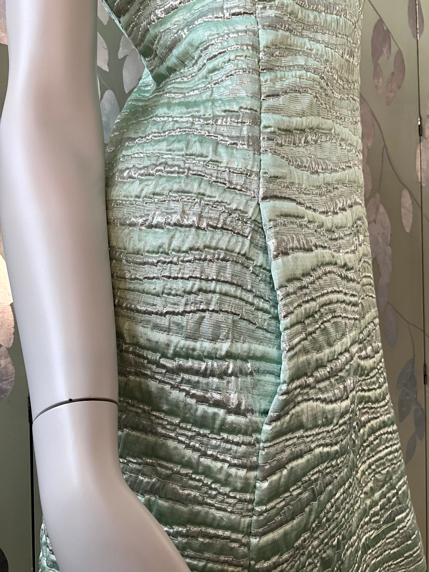 Vintage 1960s Seafoam Green and Silver Lurex Sleeveless Party Dress, Small 