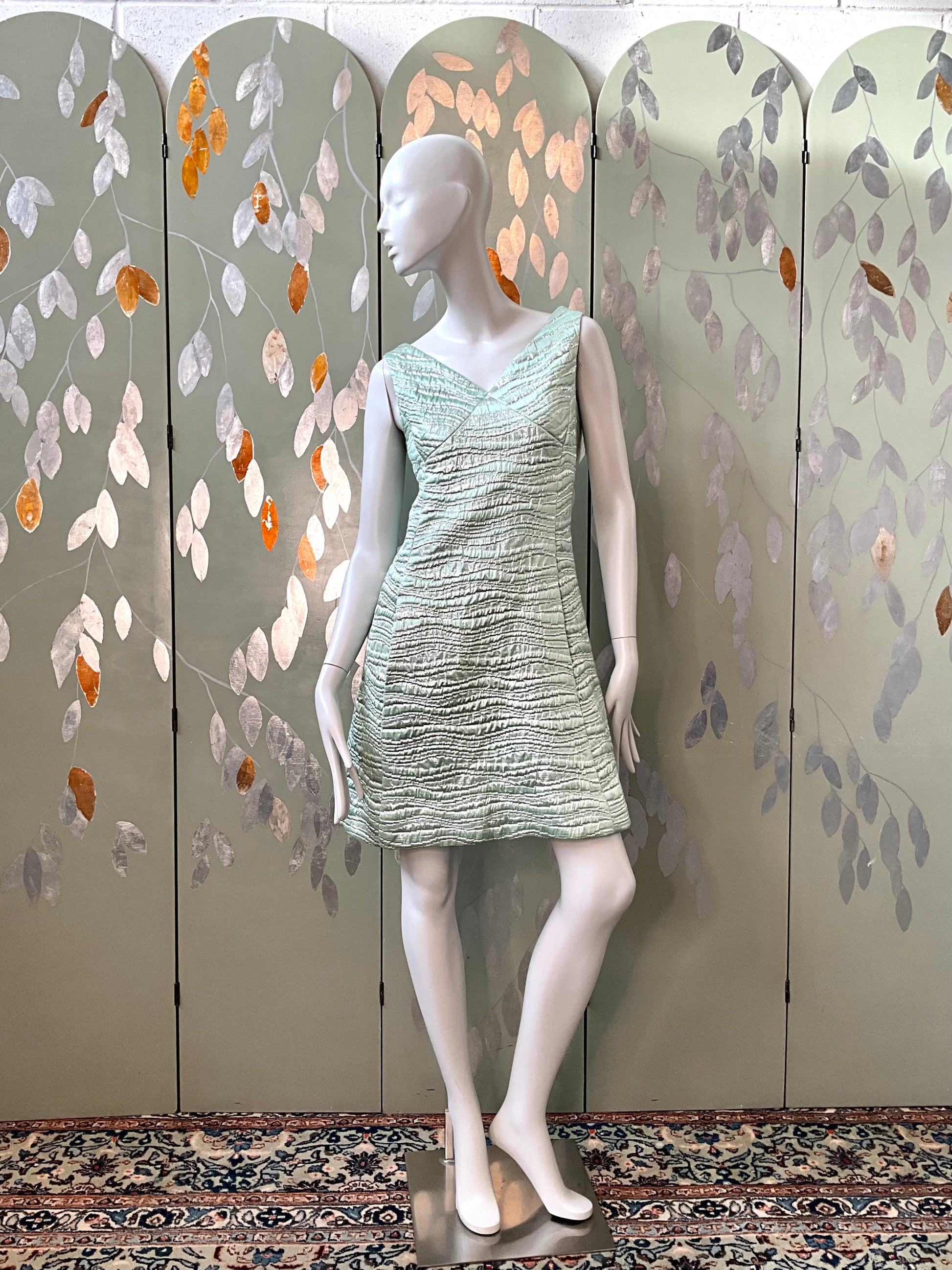 Vintage 1960s Seafoam Green and Silver Lurex Sleeveless Party Dress, Small 