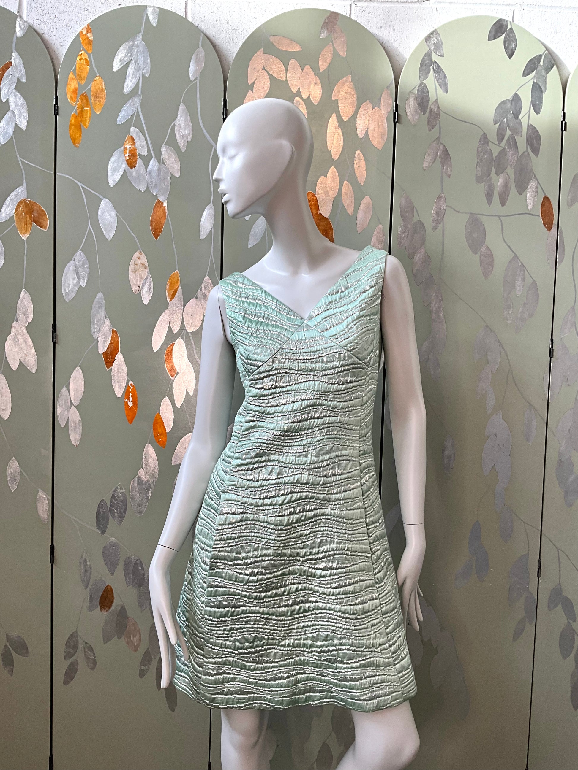 Vintage 1960s Seafoam Green and Silver Lurex Sleeveless Party Dress, Small 