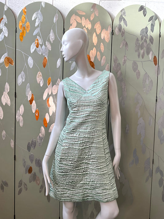 Vintage 1960s Seafoam Green and Silver Lurex Sleeveless Party Dress, Small 