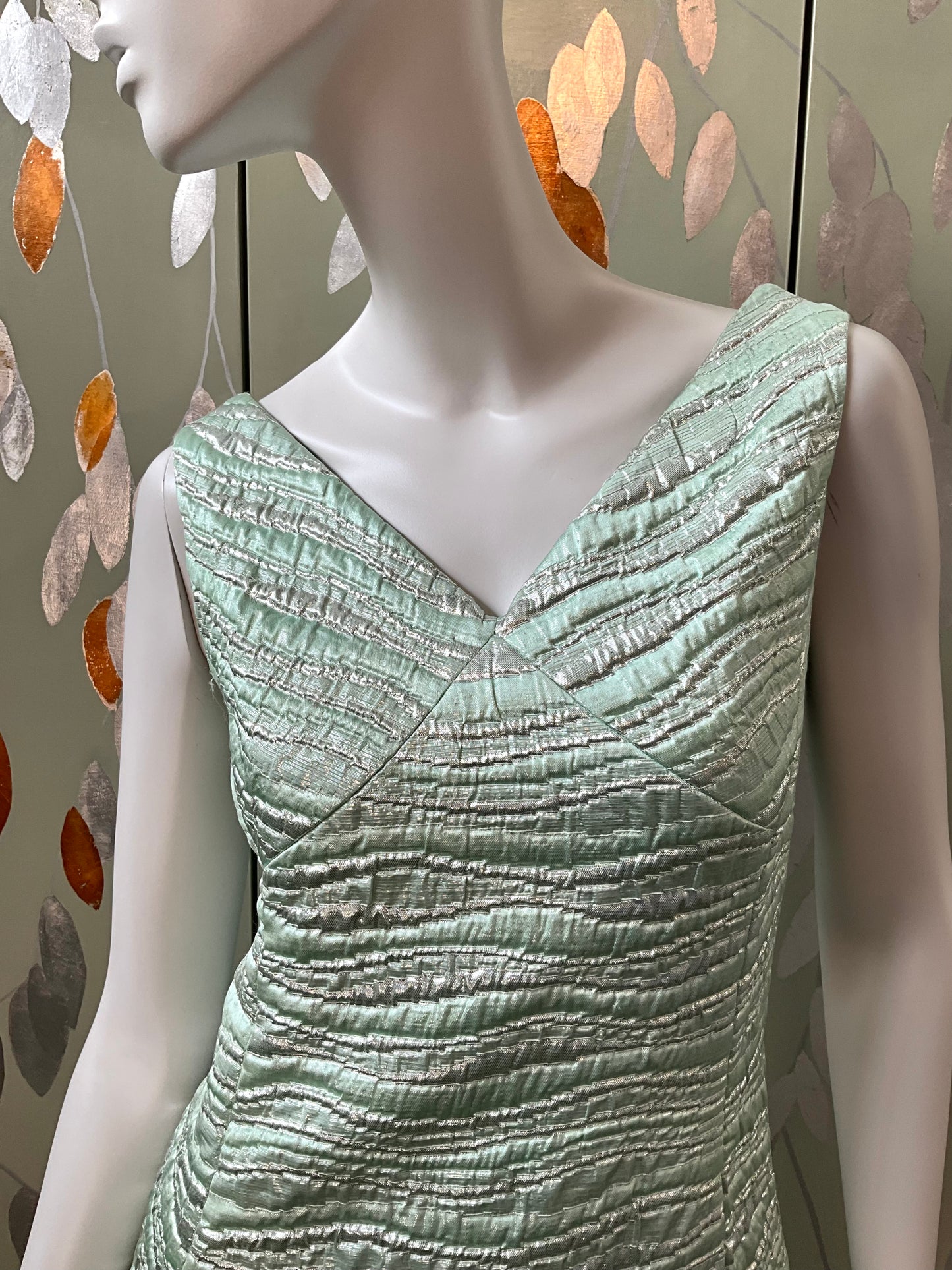 Vintage 1960s Seafoam Green and Silver Lurex Sleeveless Party Dress, Small 