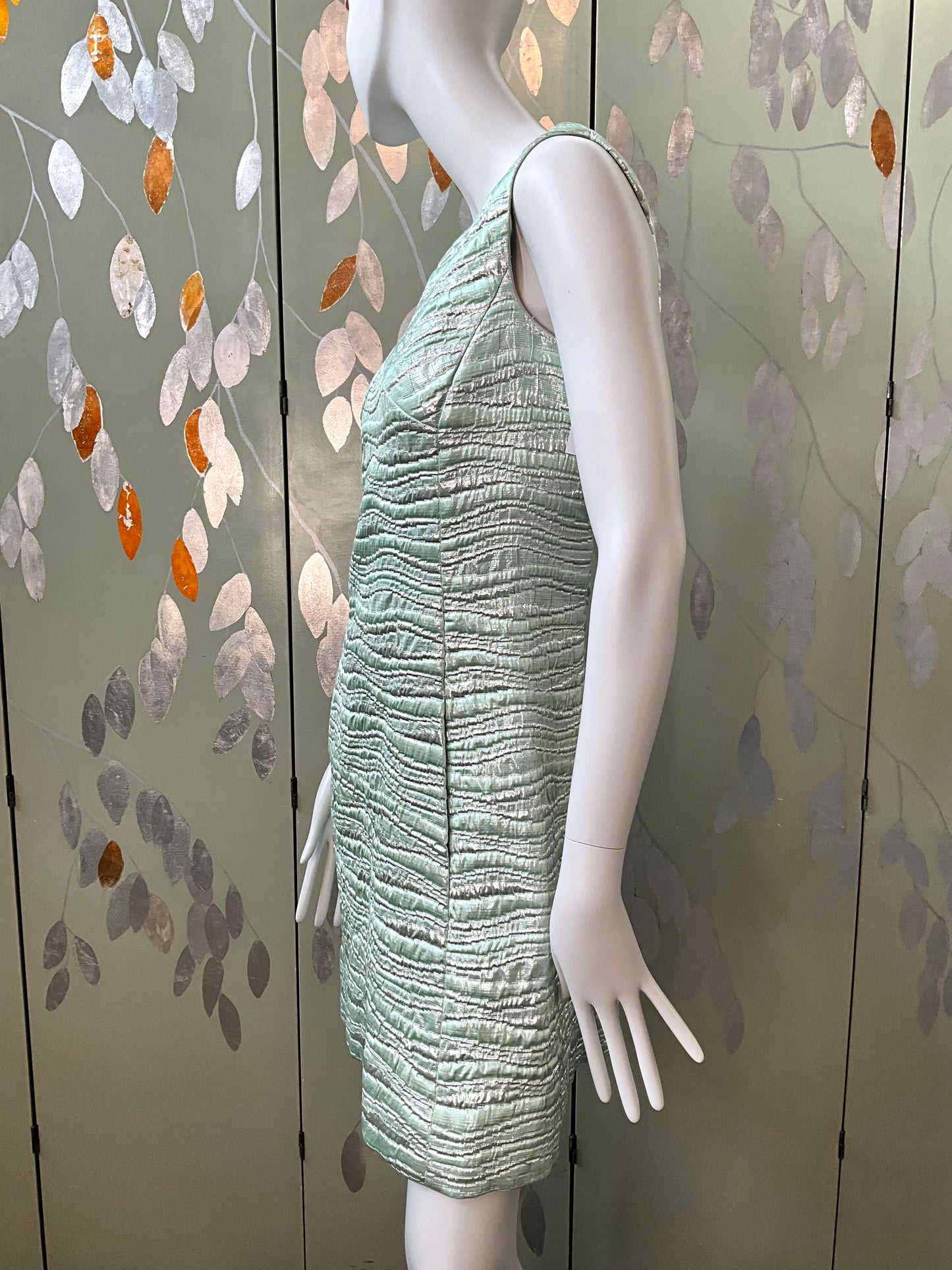 Vintage 1960s Seafoam Green and Silver Lurex Sleeveless Party Dress, Small 