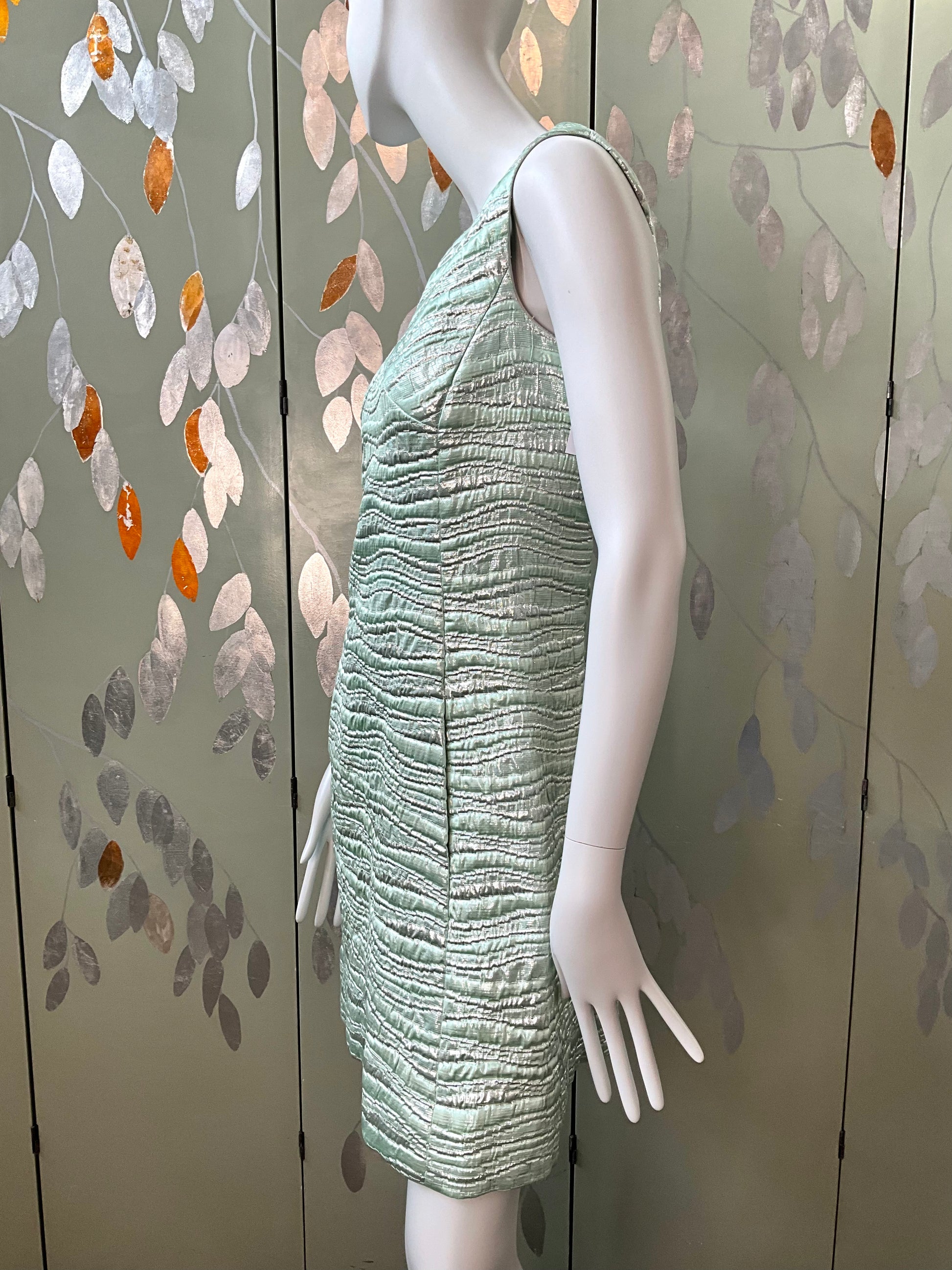 Vintage 1960s Seafoam Green and Silver Lurex Sleeveless Party Dress, Small 