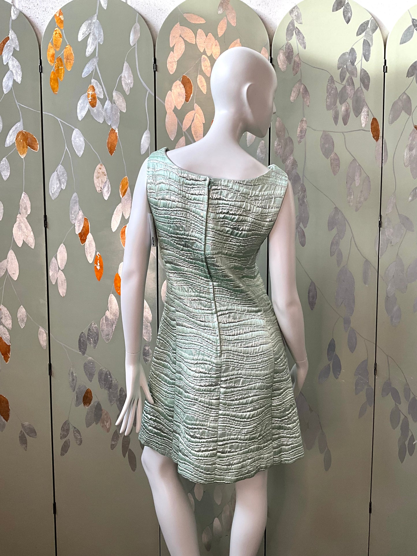 Vintage 1960s Seafoam Green and Silver Lurex Sleeveless Party Dress, Small 