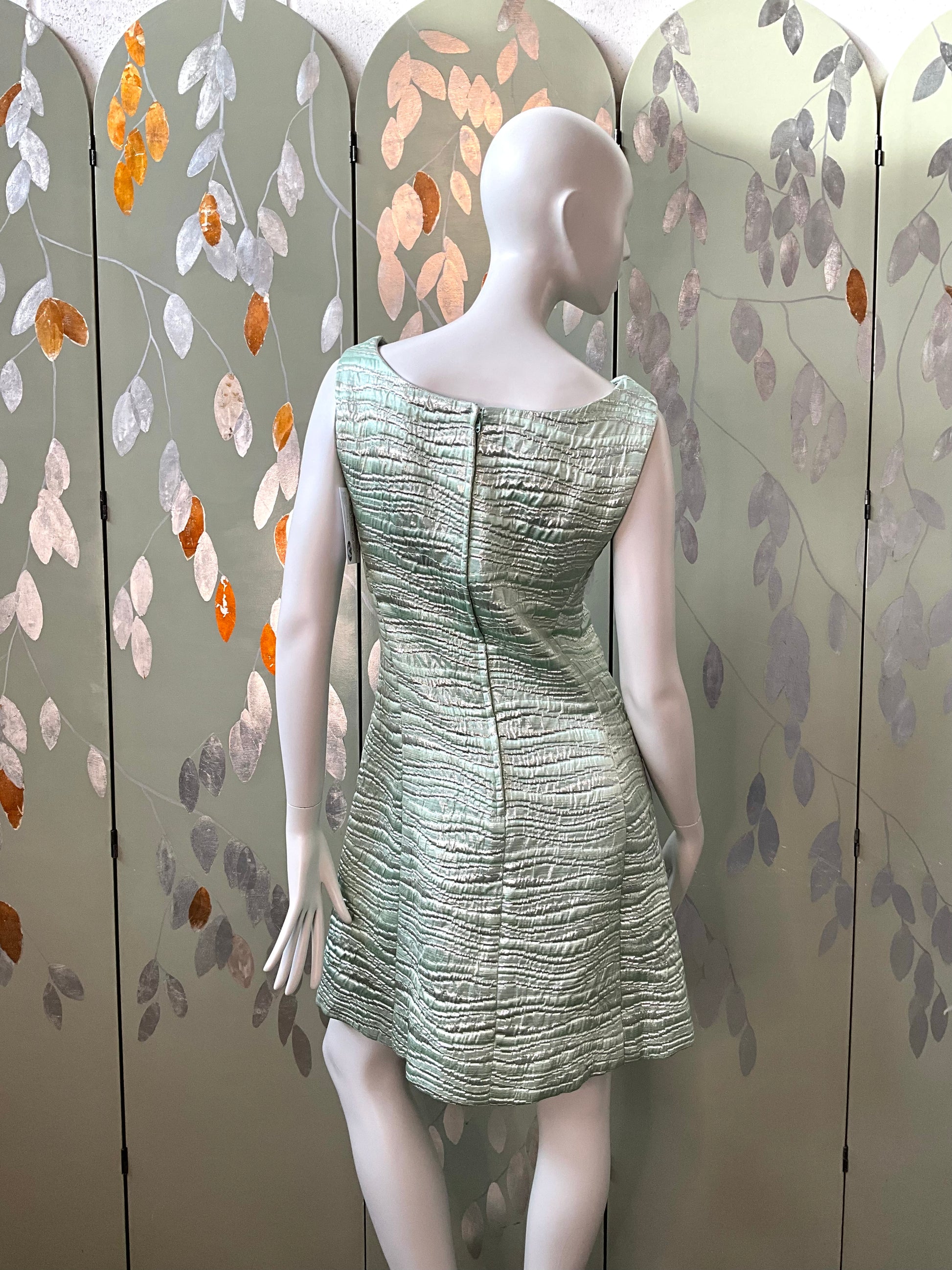 Vintage 1960s Seafoam Green and Silver Lurex Sleeveless Party Dress, Small 