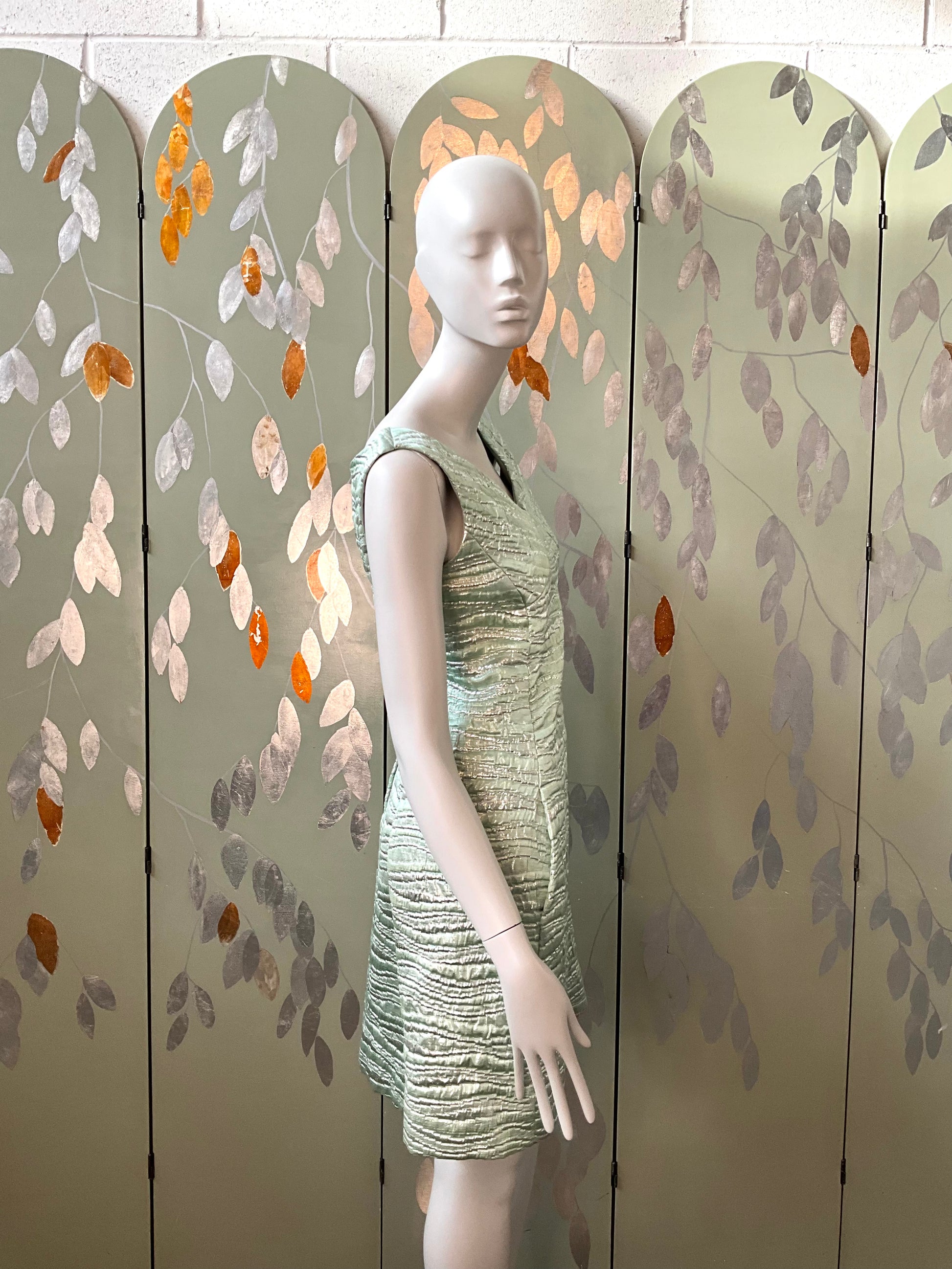 Vintage 1960s Seafoam Green and Silver Lurex Sleeveless Party Dress, Small 