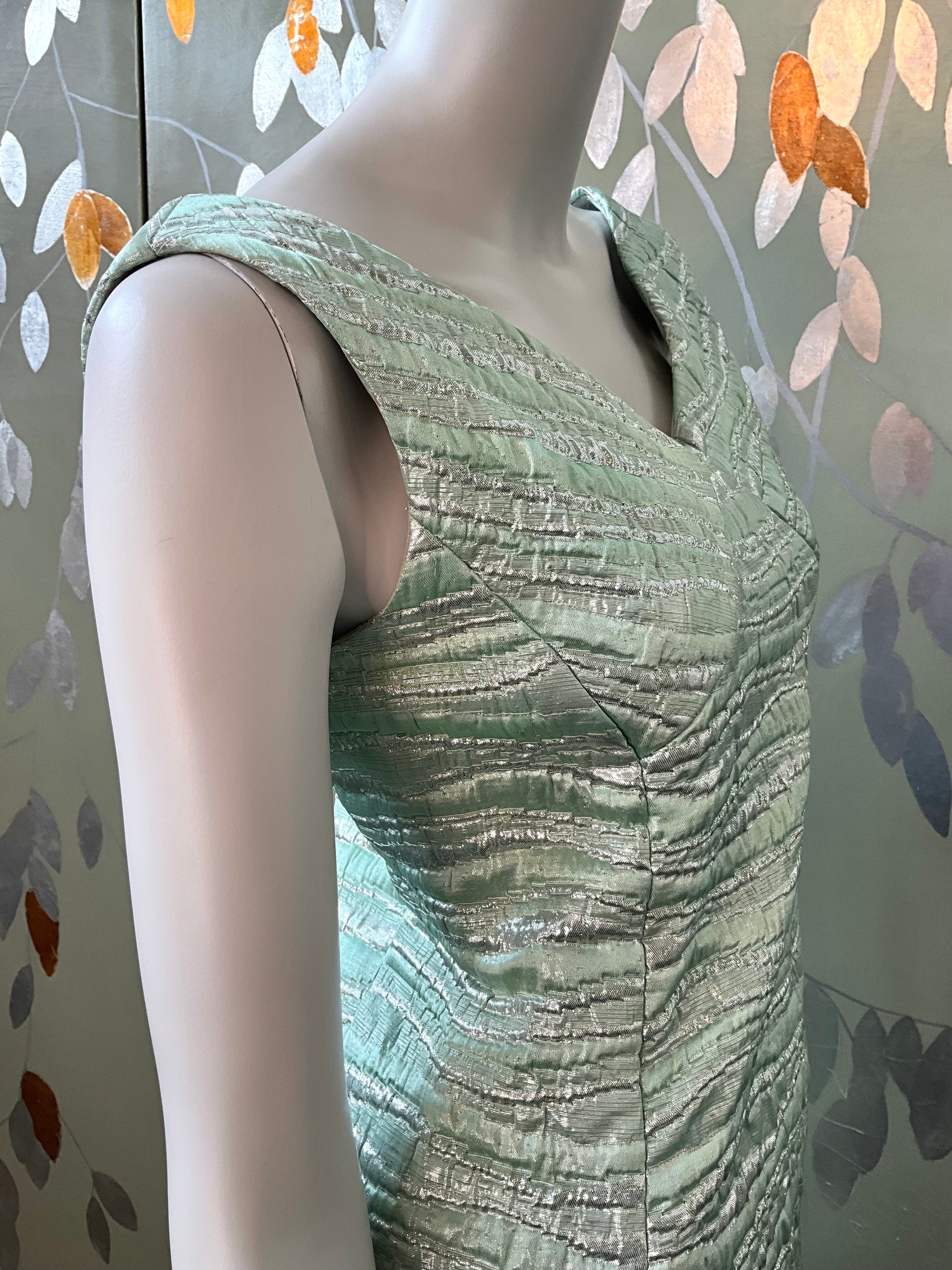 Vintage 1960s Seafoam Green and Silver Lurex Sleeveless Party Dress, Small 
